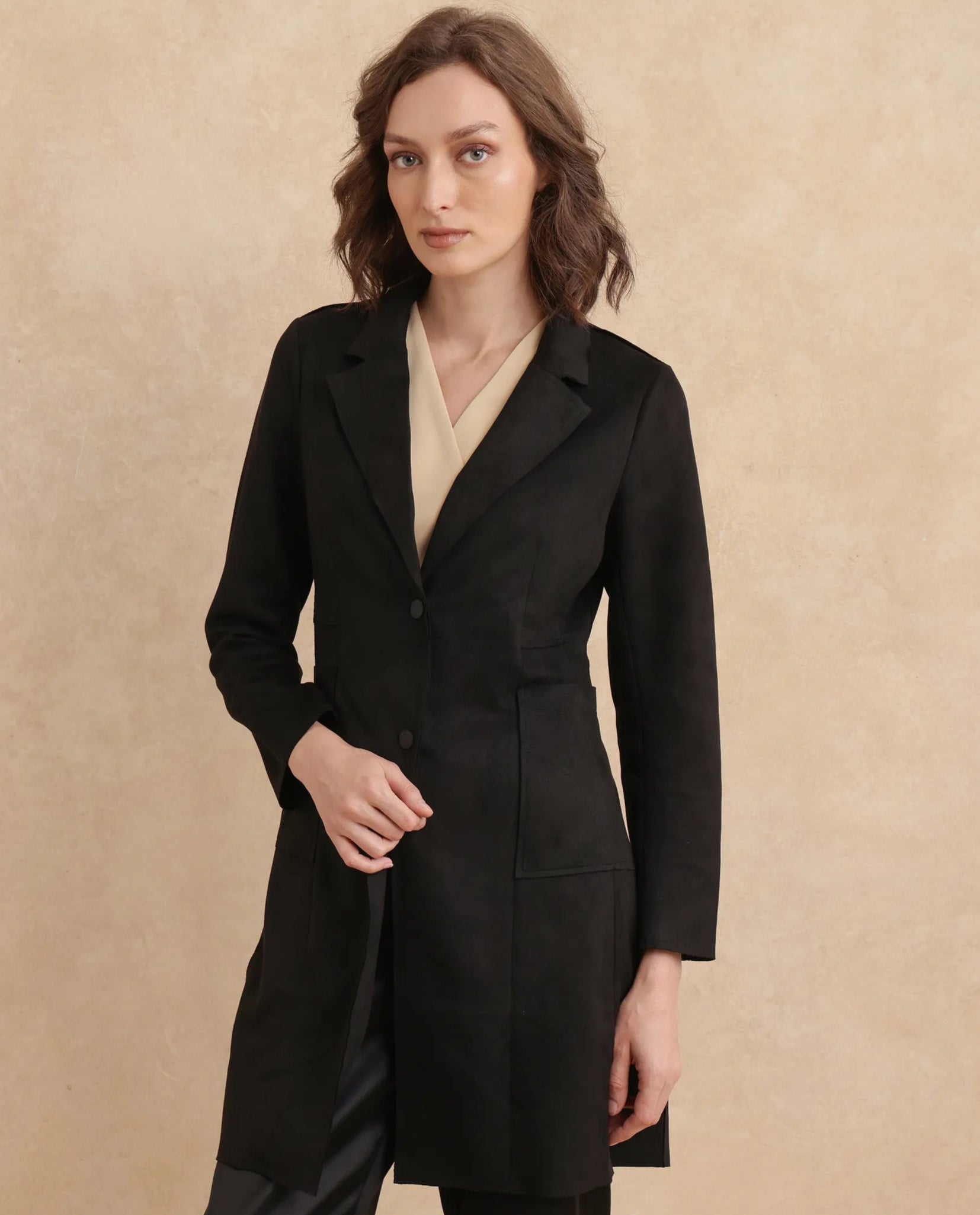 Rareism Women Gawler Black Suede Full Sleeve Lapel Neck Button Closure