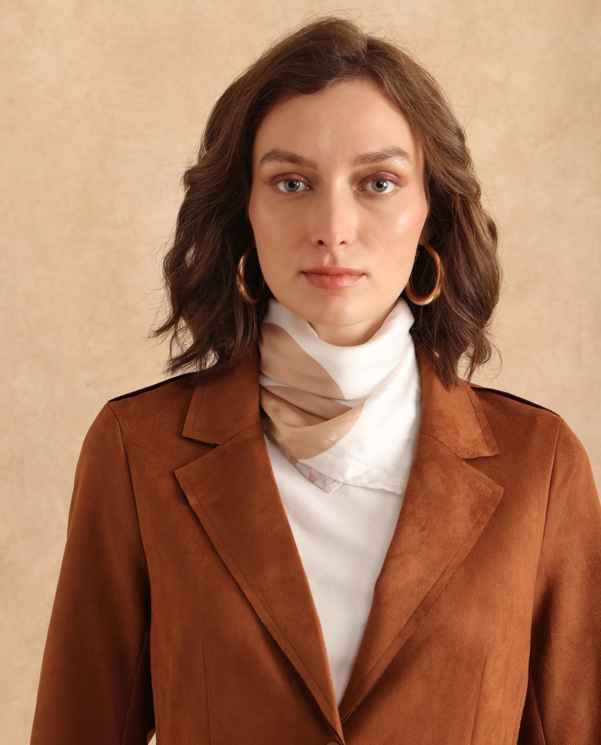 Rareism Women Gawler Tan Suede Full Sleeve Lapel Neck Button Closure Plain Jacket
