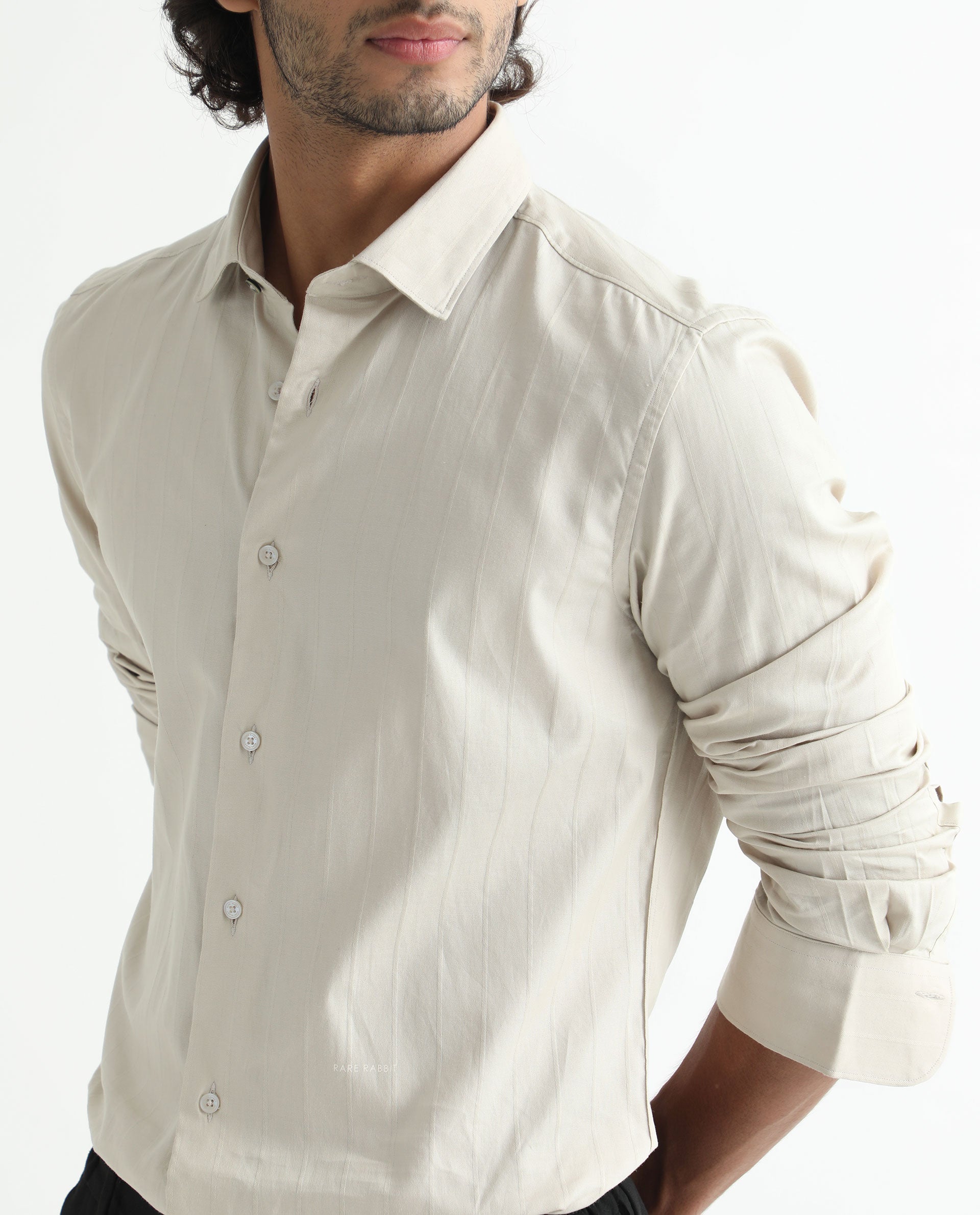 Rare Rabbit Men's Gazan Beige Cotton Fabric Full Sleeves  Dobby Self Striped Shirt