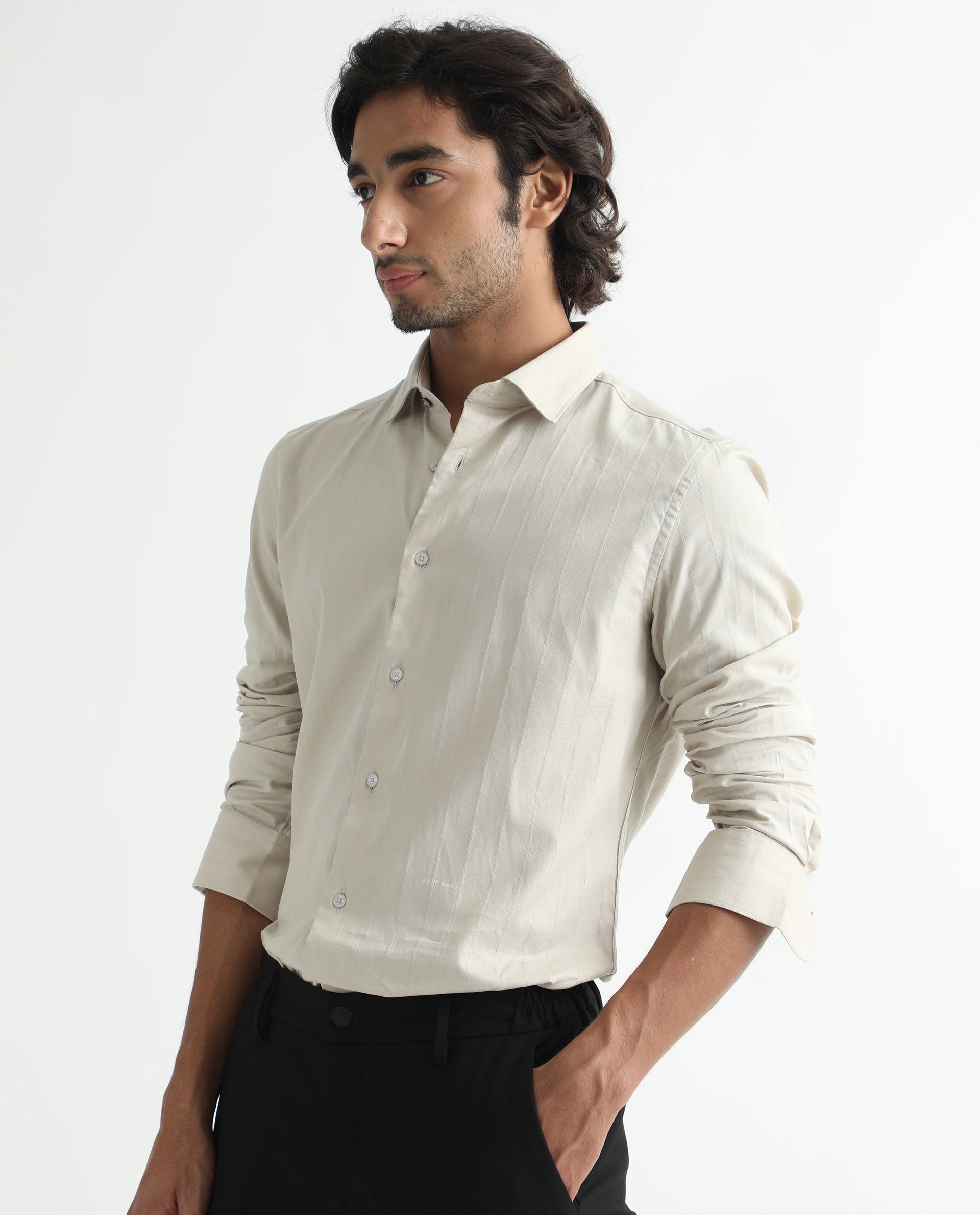 Rare Rabbit Men's Gazan Beige Cotton Fabric Full Sleeves  Dobby Self Striped Shirt