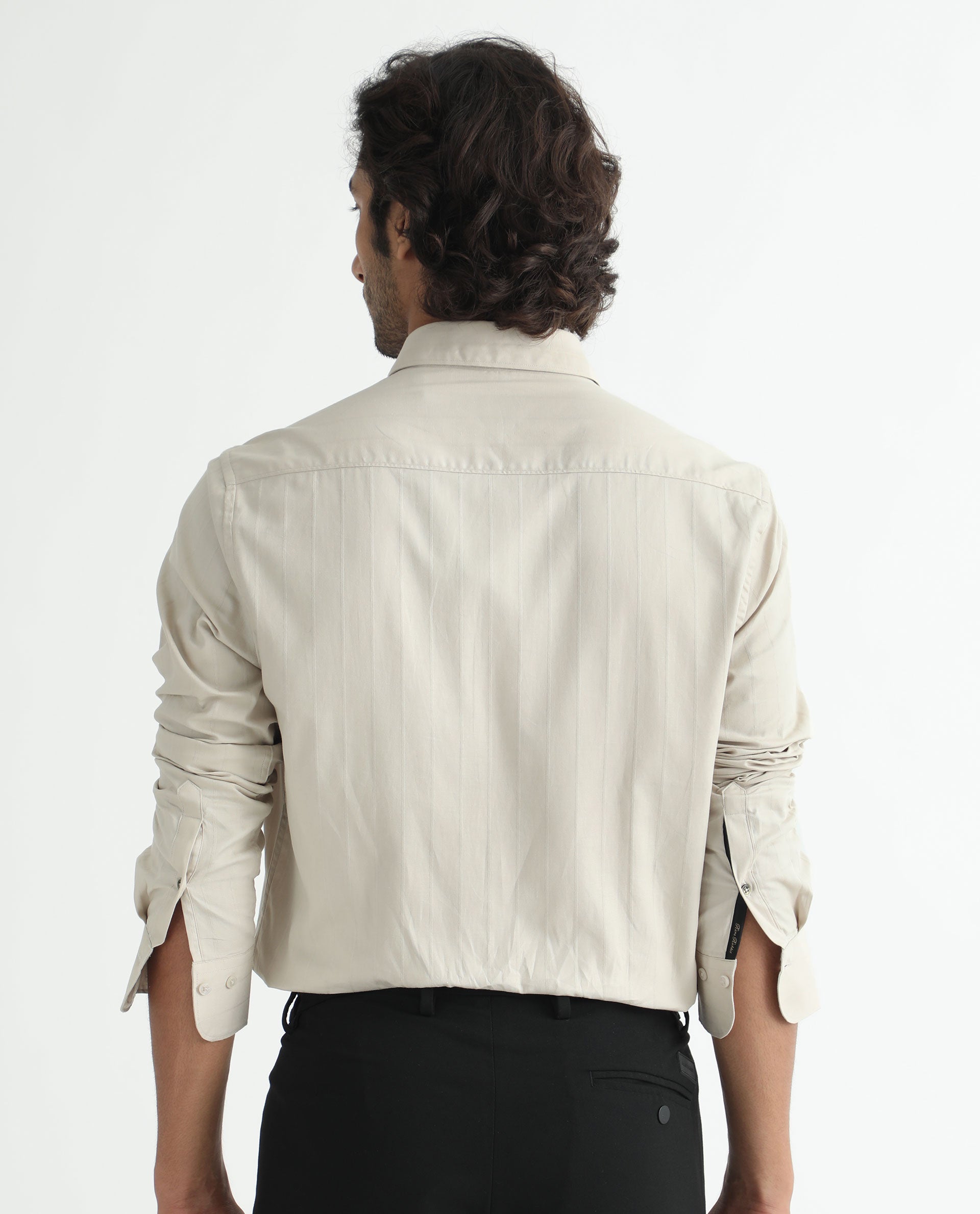 Rare Rabbit Men's Gazan Beige Cotton Fabric Full Sleeves  Dobby Self Striped Shirt