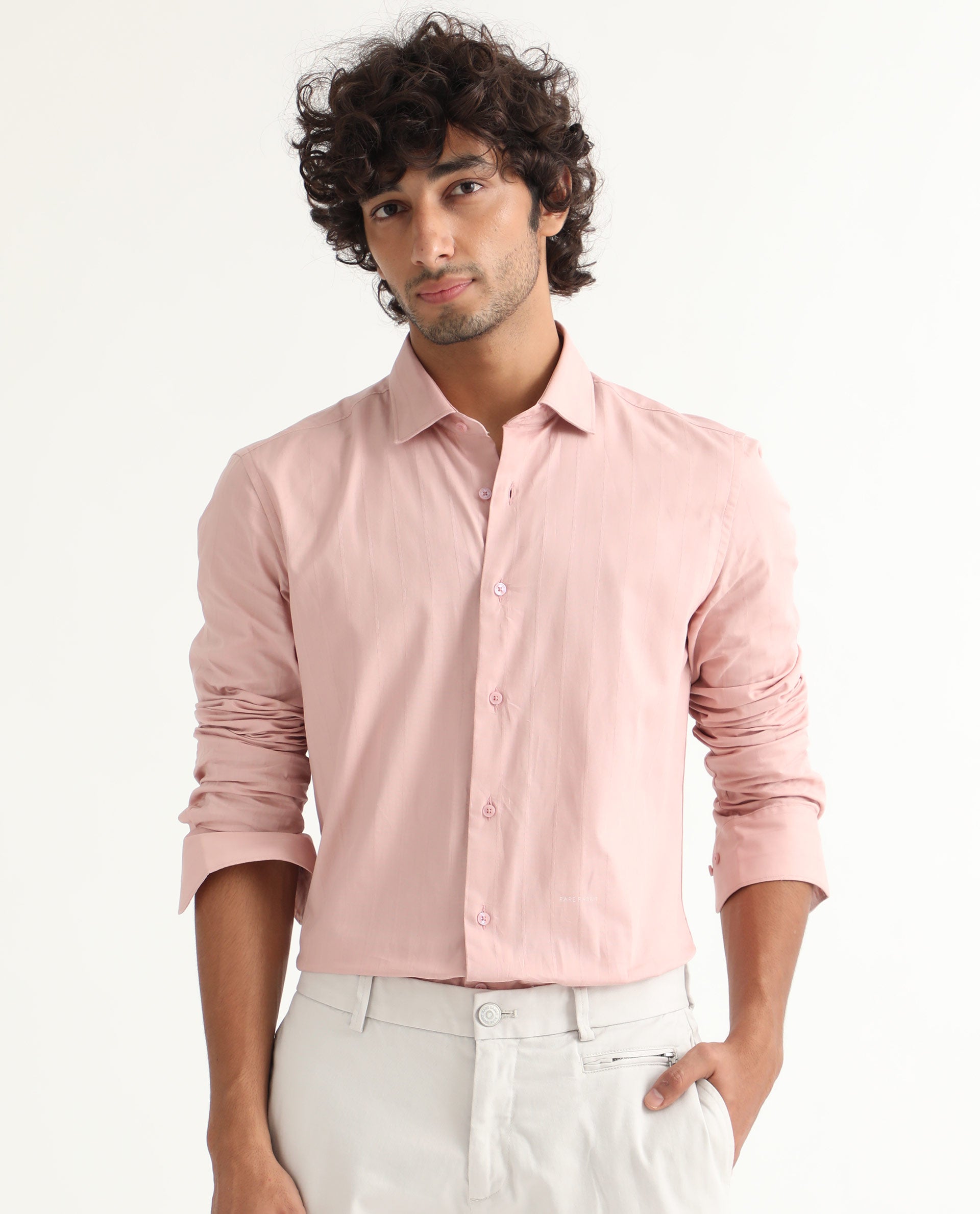 Rare Rabbit Men's Gazan Dusky Pink Cotton Fabric Full Sleeves Dobby Self Striped Shirt