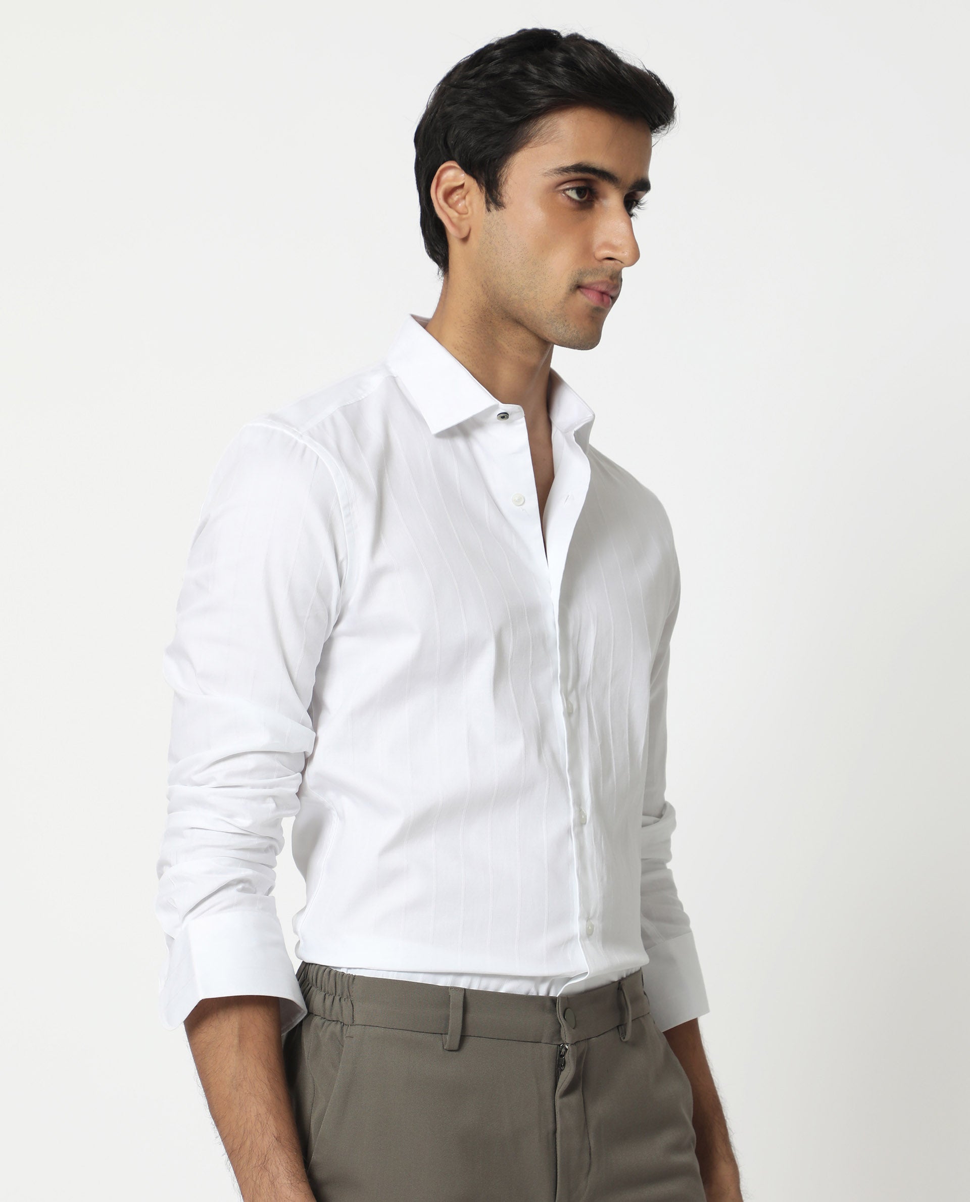 Rare Rabbit Mens Gazan White Cotton Fabric Full Sleeves Regular Fit Dobby Self Stripe Shirt