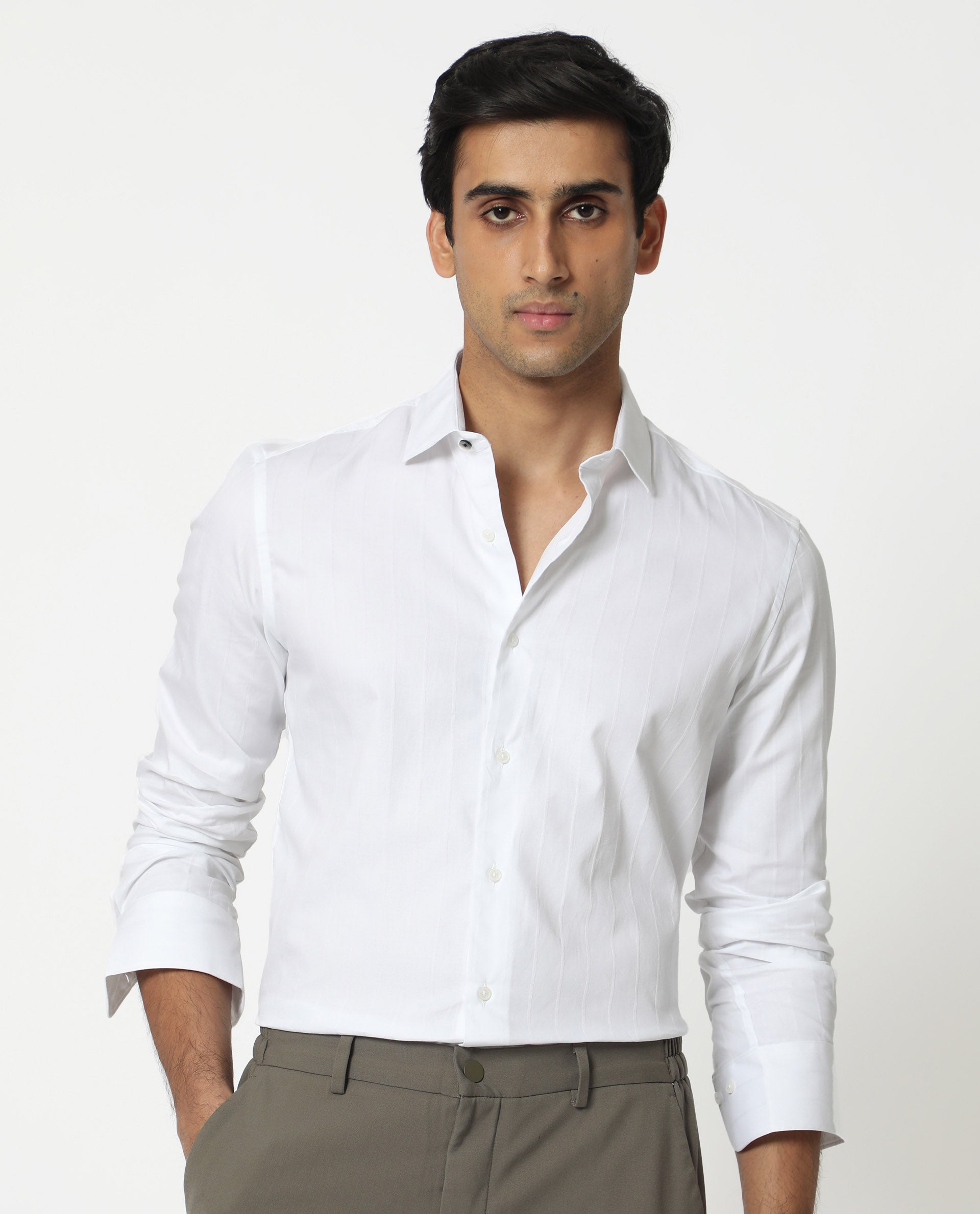 Rare Rabbit Mens Gazan White Cotton Fabric Full Sleeves Regular Fit Dobby Self Stripe Shirt