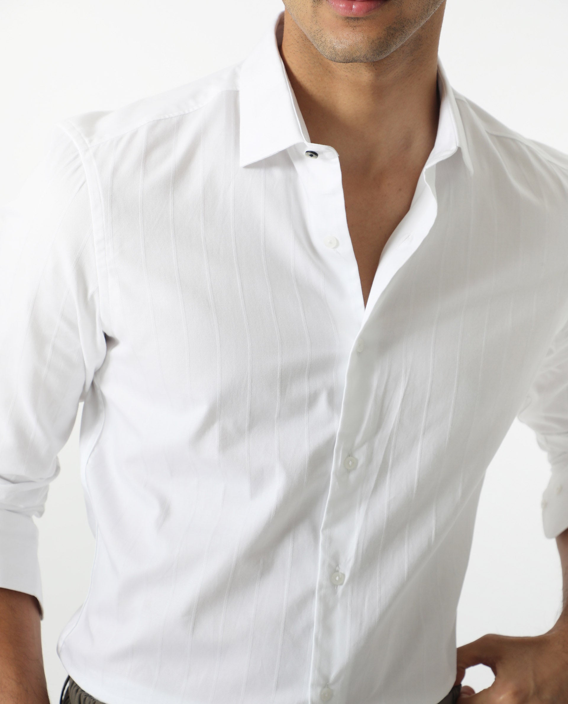 Rare Rabbit Mens Gazan White Cotton Fabric Full Sleeves Regular Fit Dobby Self Stripe Shirt