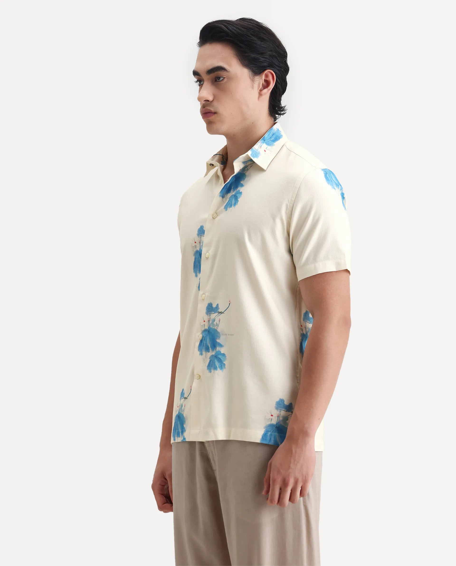 Rare Rabbit Men's Gazar Off White Viscose Blend Floral Print Regular Fit Half Sleeve Collared Shirt