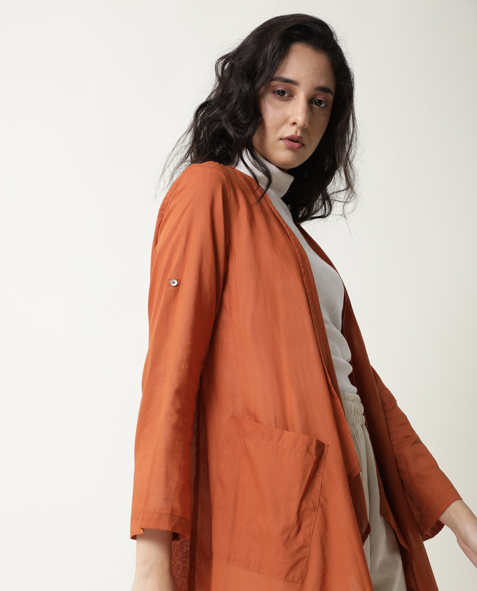 Rareism Women Gazer Dark Brown Cotton Fabric Regular Fit Knee Length Solid Collarless Outer Wear