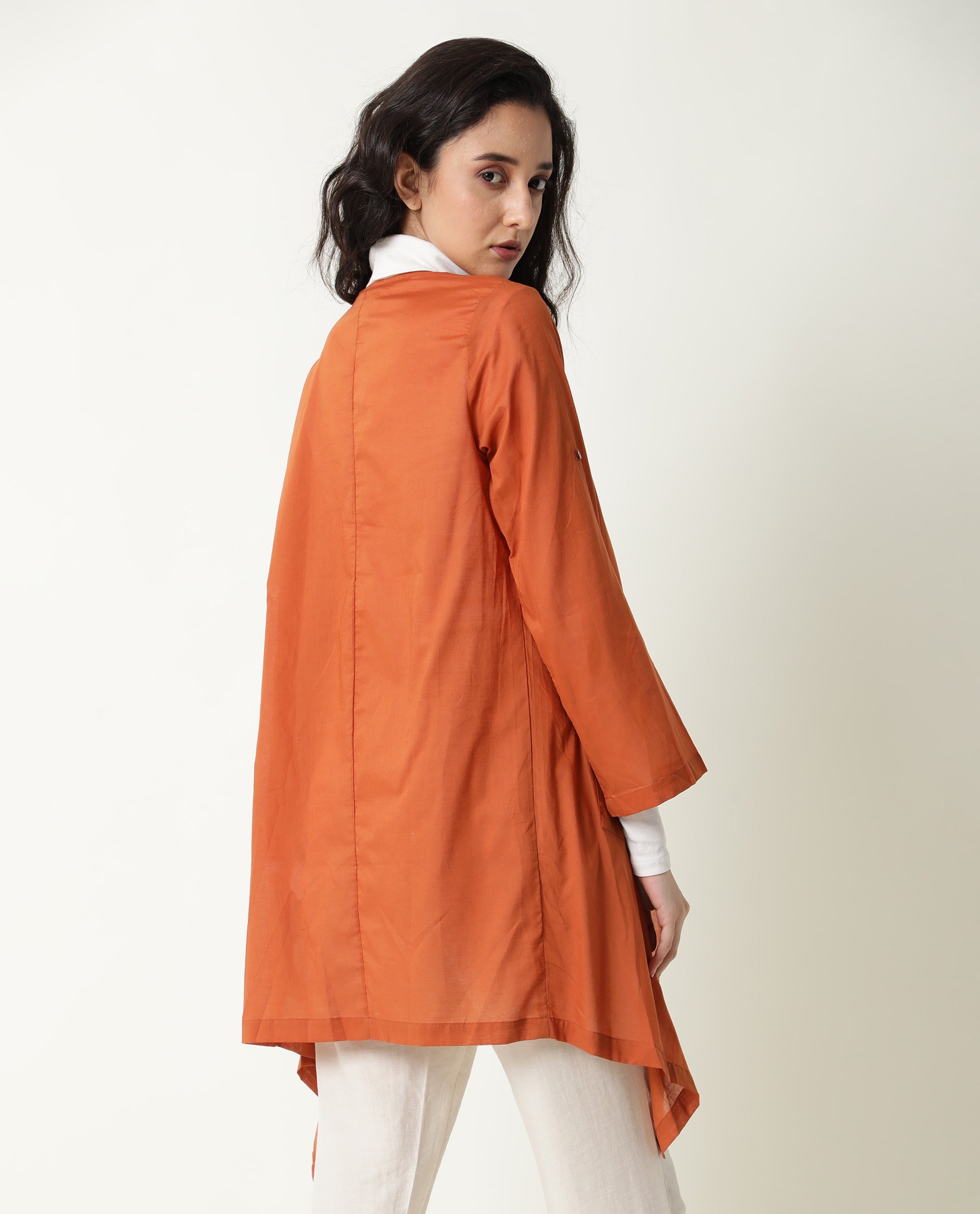 Rareism Women Gazer Dark Brown Cotton Fabric Regular Fit Knee Length Solid Collarless Outer Wear