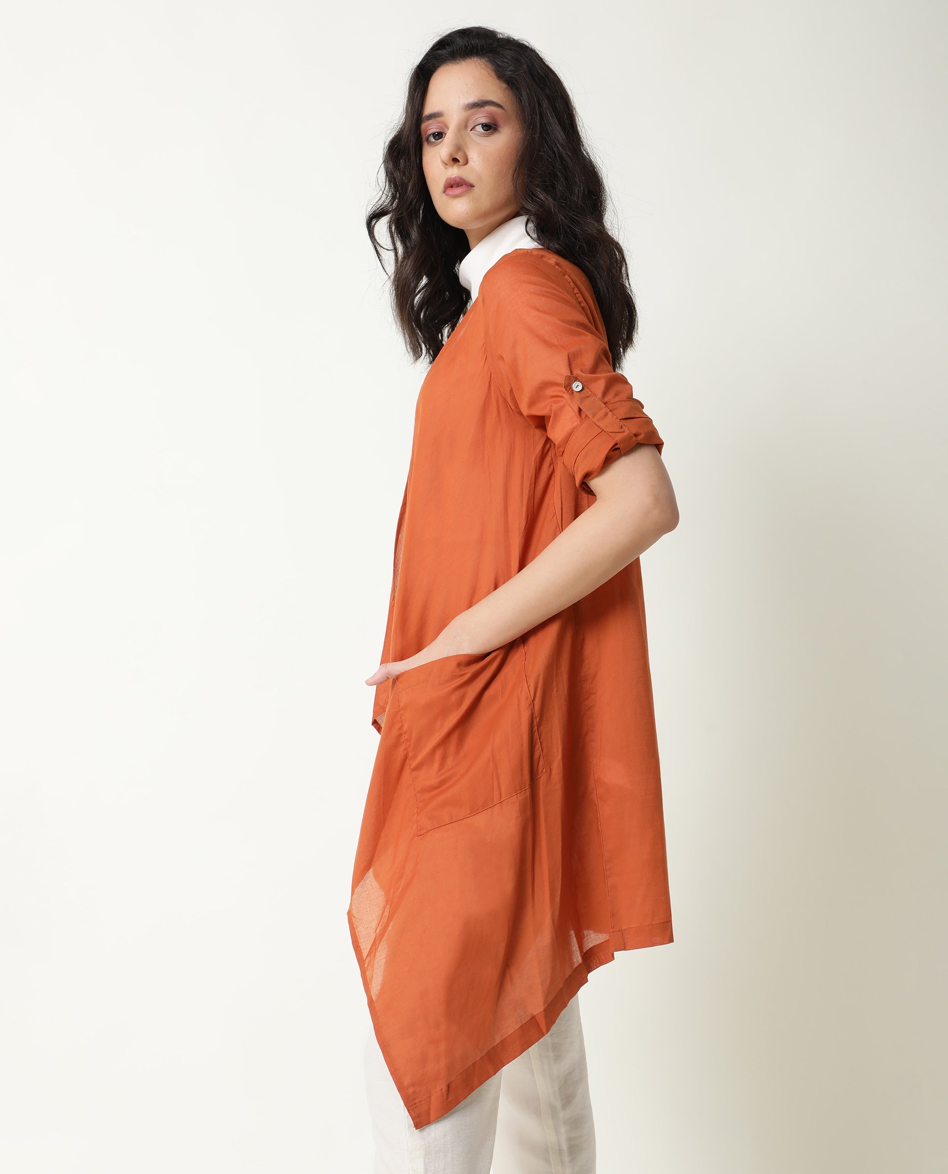 Rareism Women Gazer Dark Brown Cotton Fabric Regular Fit Knee Length Solid Collarless Outer Wear