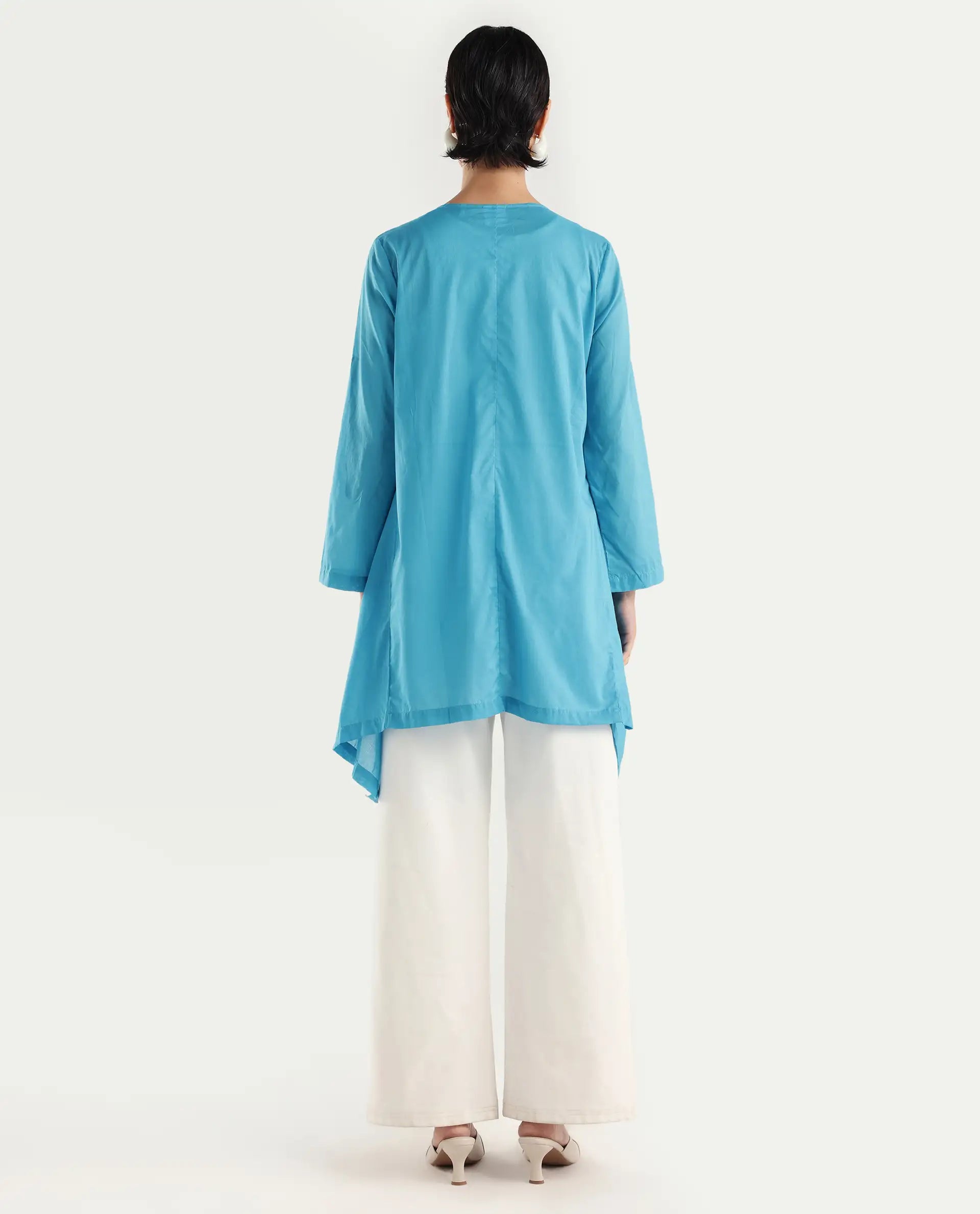 Rareism Women's Gazer Blue Cotton Collarless Regular Fit Outer Wear