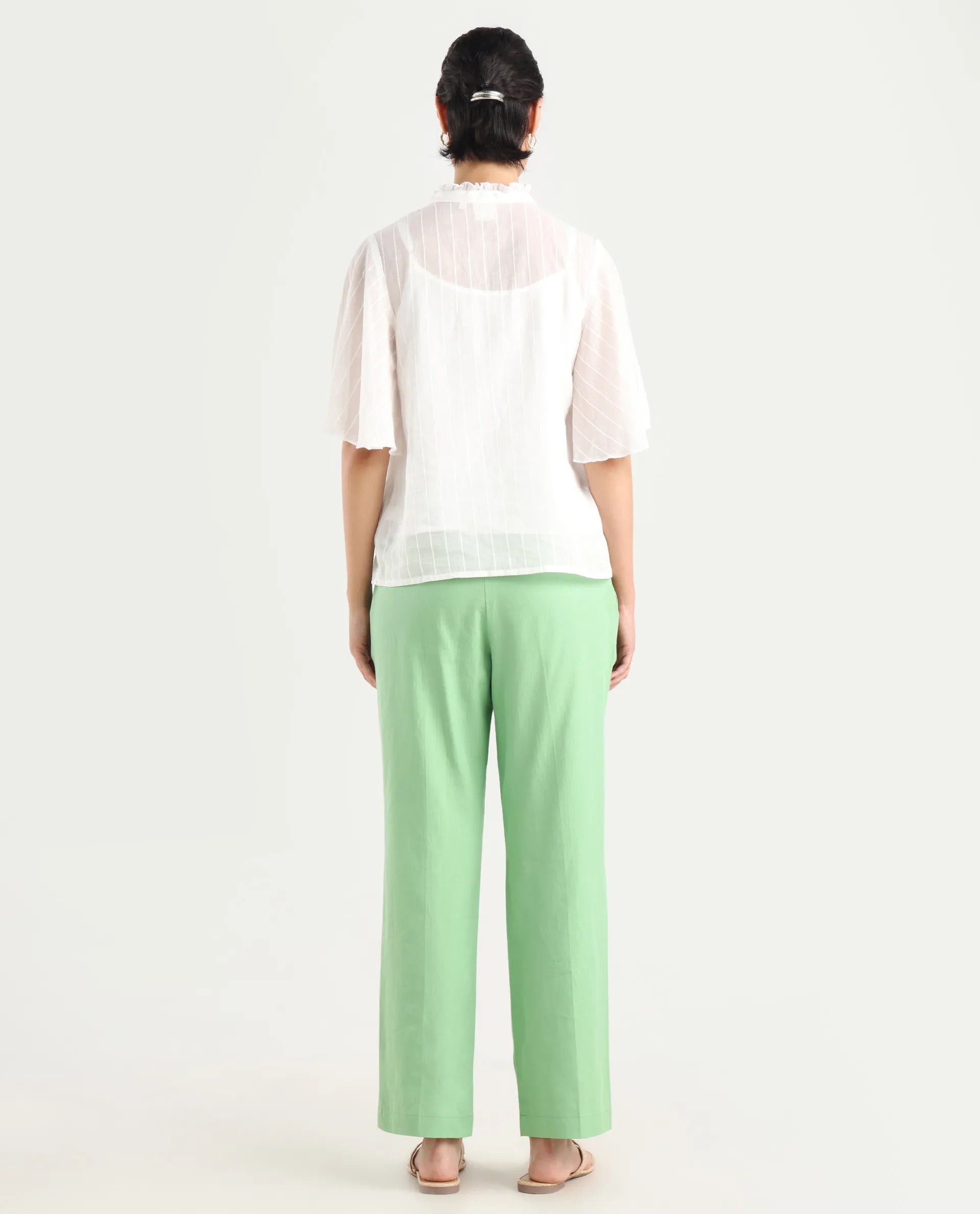 Rareism Women's Ged Green Cotton Abstract Print Ankle Length Straight Fit Trouser