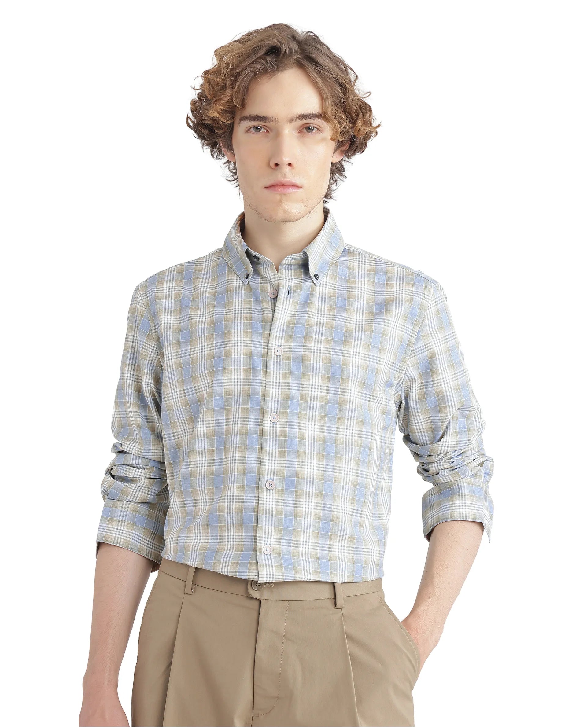 Rare Rabbit Men's Geko Pastel Green Cotton Fabric Full Sleeve Button Down Collar Button Closure Checked Shirt