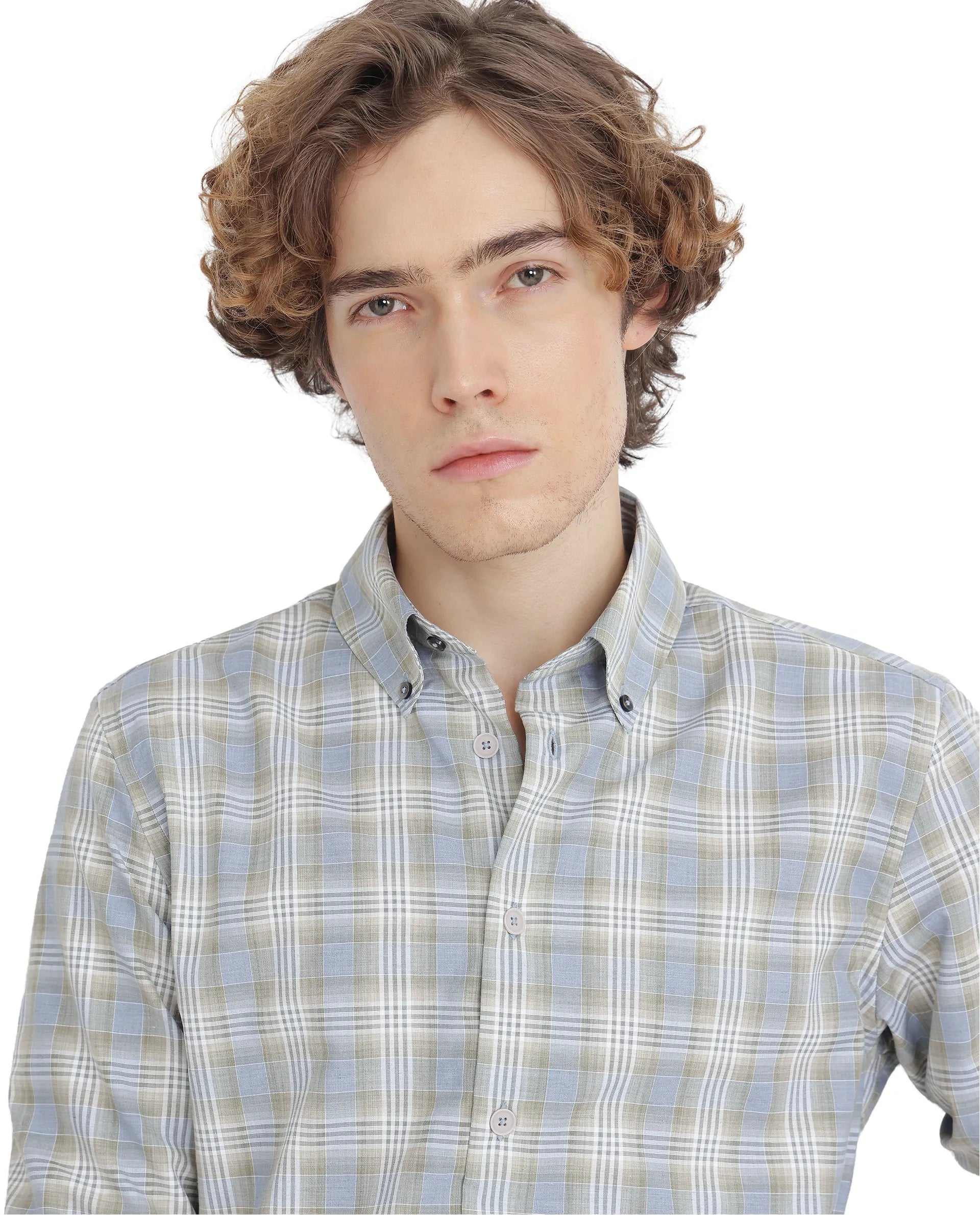 Rare Rabbit Men's Geko Pastel Green Cotton Fabric Full Sleeve Button Down Collar Button Closure Checked Shirt