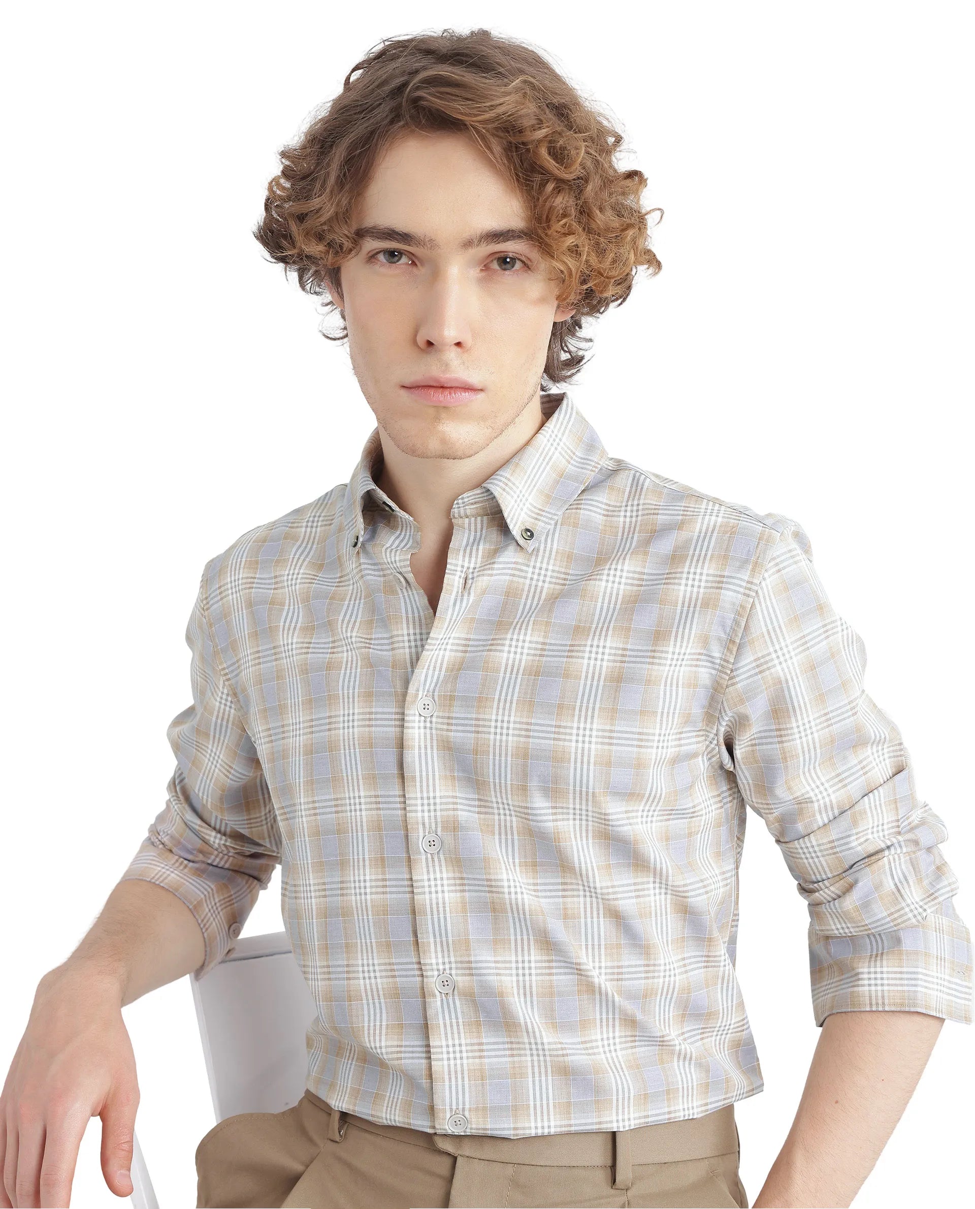 Rare Rabbit Men's Geko Pastel Mustard Cotton Fabric Full Sleeve Button Down Collar Button Closure Checked Shirt