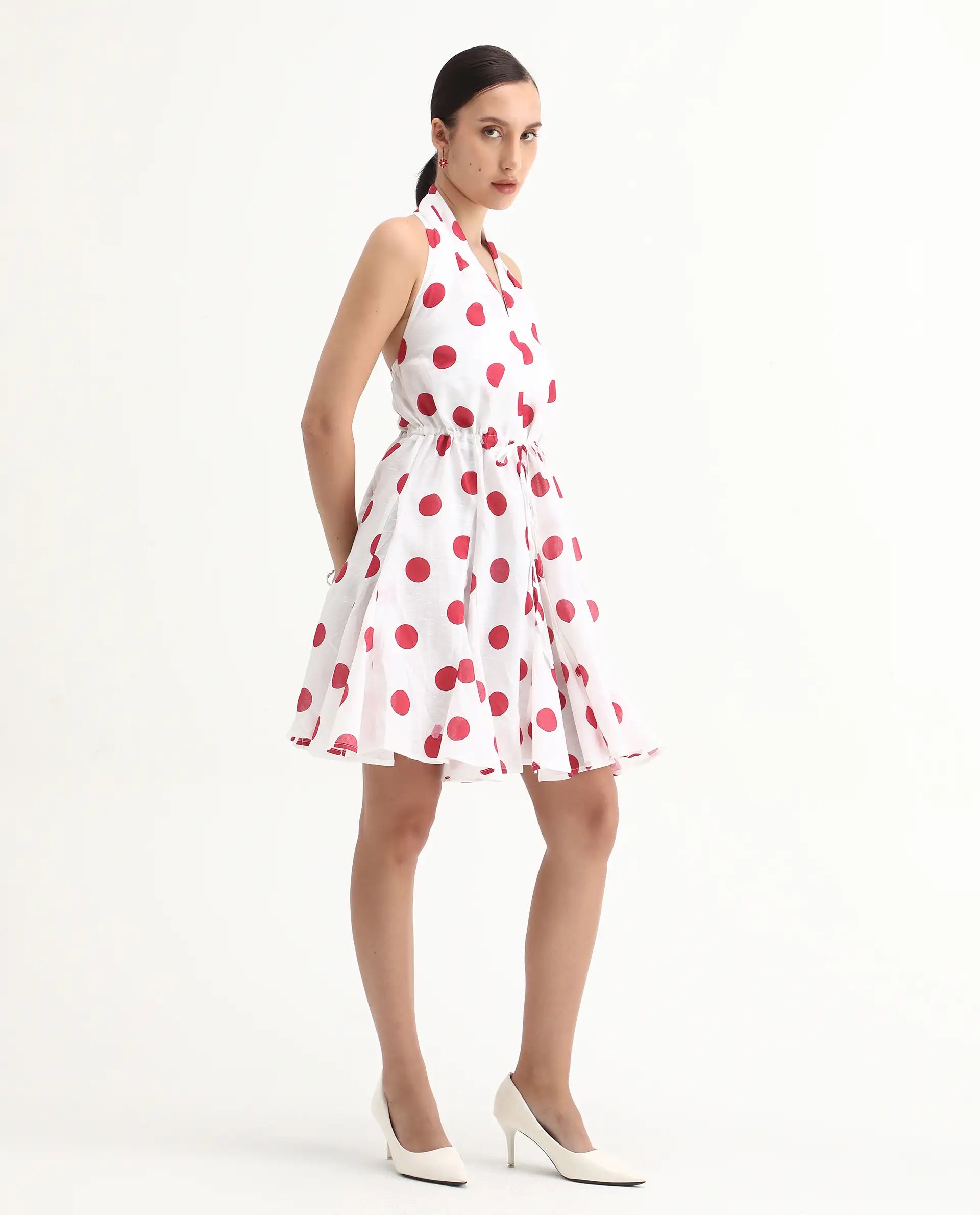 Rareism Women's Gela Red Linen Halter Neck Polka Print Sleeveless Mini Fit And Flare Dress