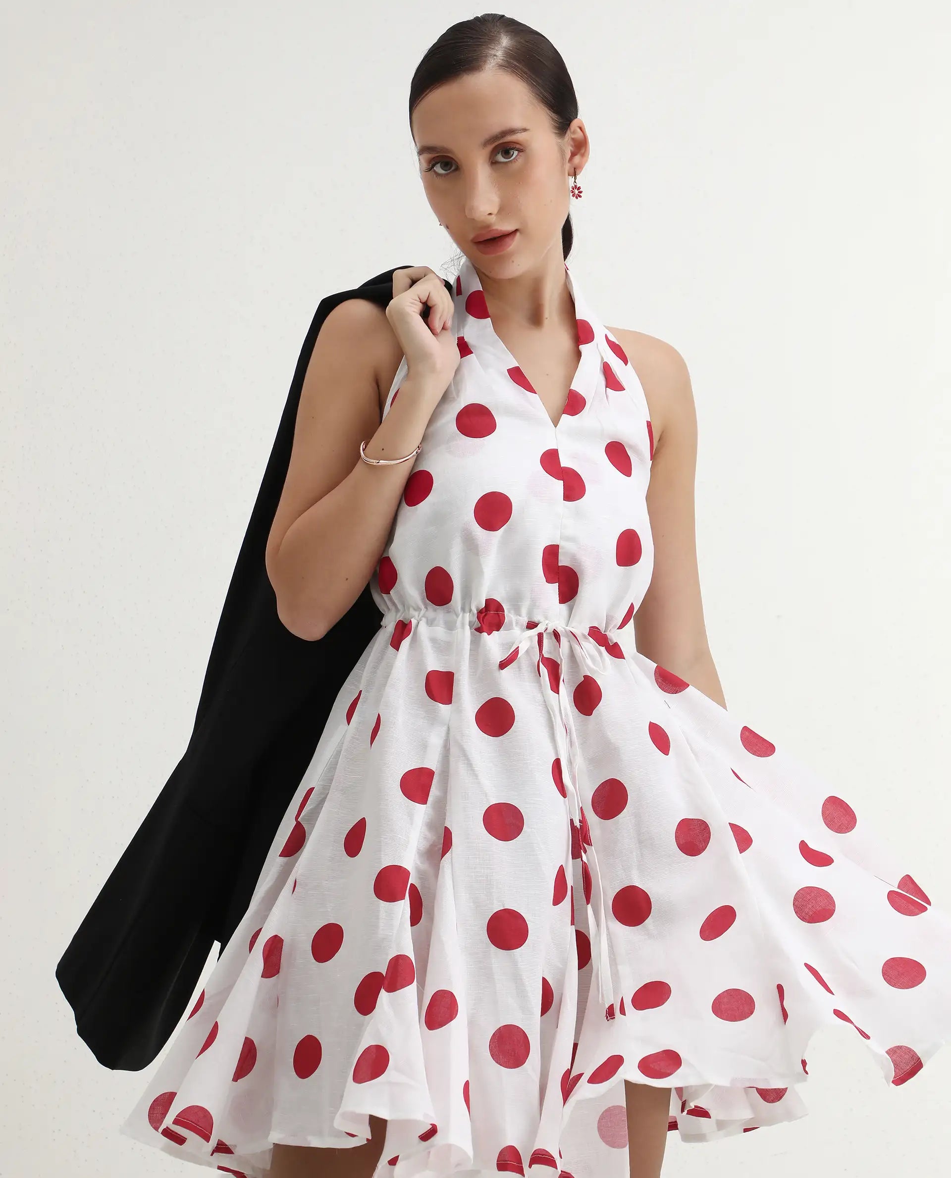 Rareism Women's Gela Red Linen Halter Neck Polka Print Sleeveless Mini Fit And Flare Dress