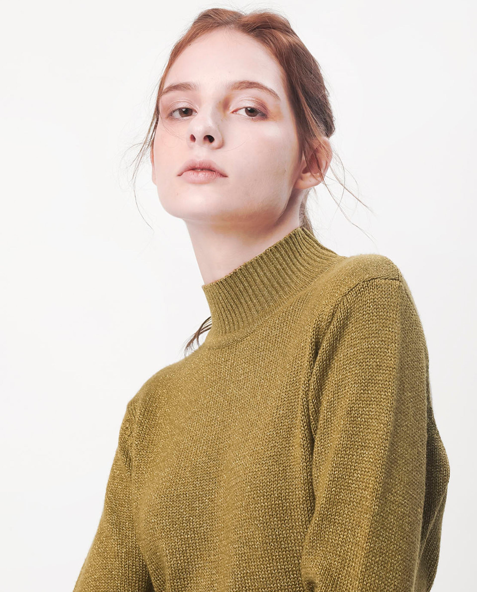 Rareism Women Nach Gold Acrylic Fabric Full Sleeves High Neck Regular Fit Plain Knee Length Sweater