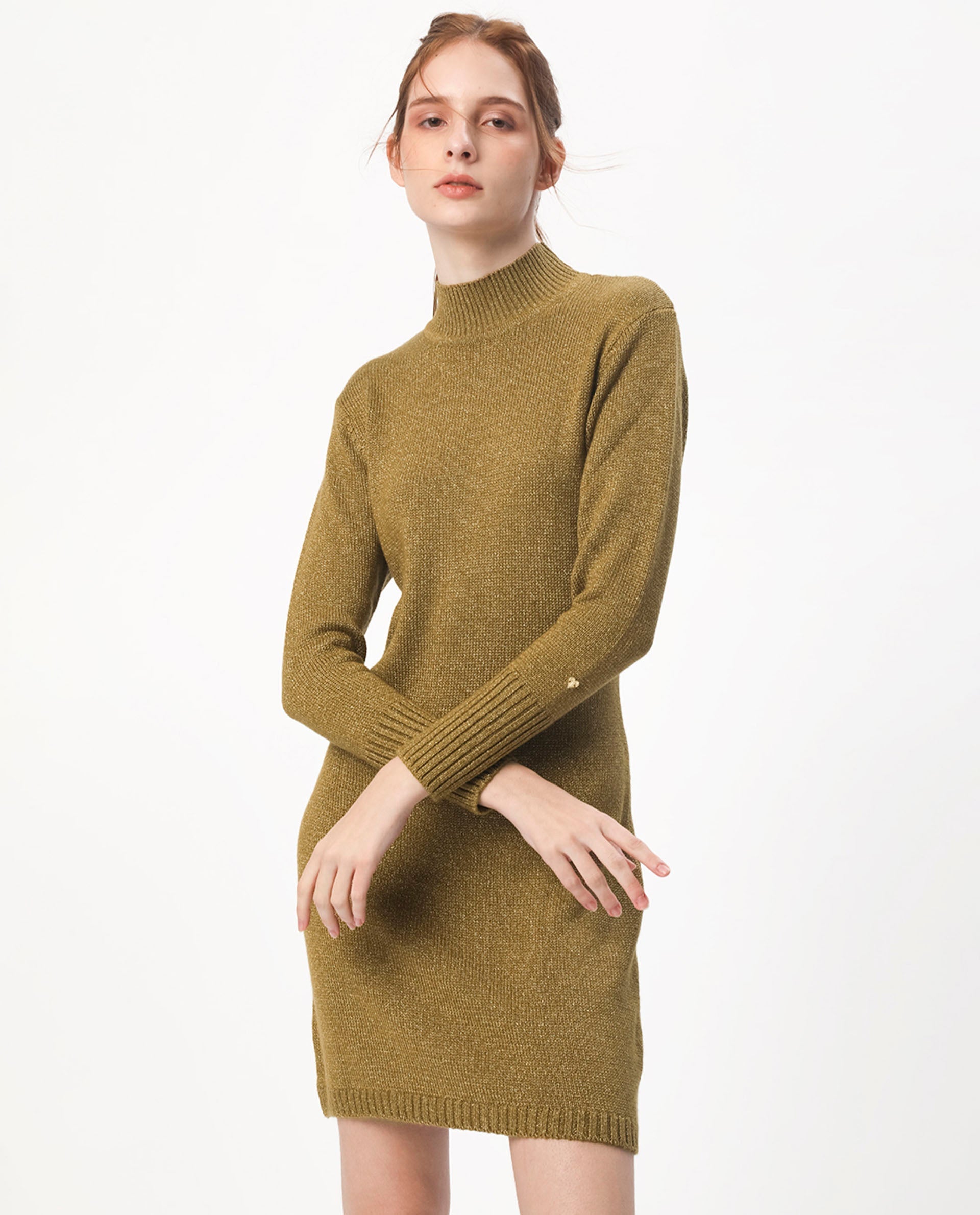 Rareism Women Nach Gold Acrylic Fabric Full Sleeves High Neck Regular Fit Plain Knee Length Sweater