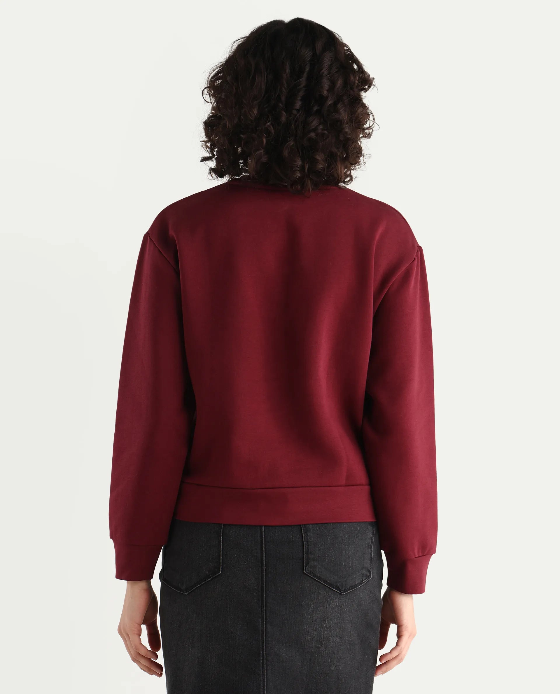 Rareism Women's Geldia Maroon Cotton Blend Crew Neck Graphic Print Relaxed Fit Sweatshirt