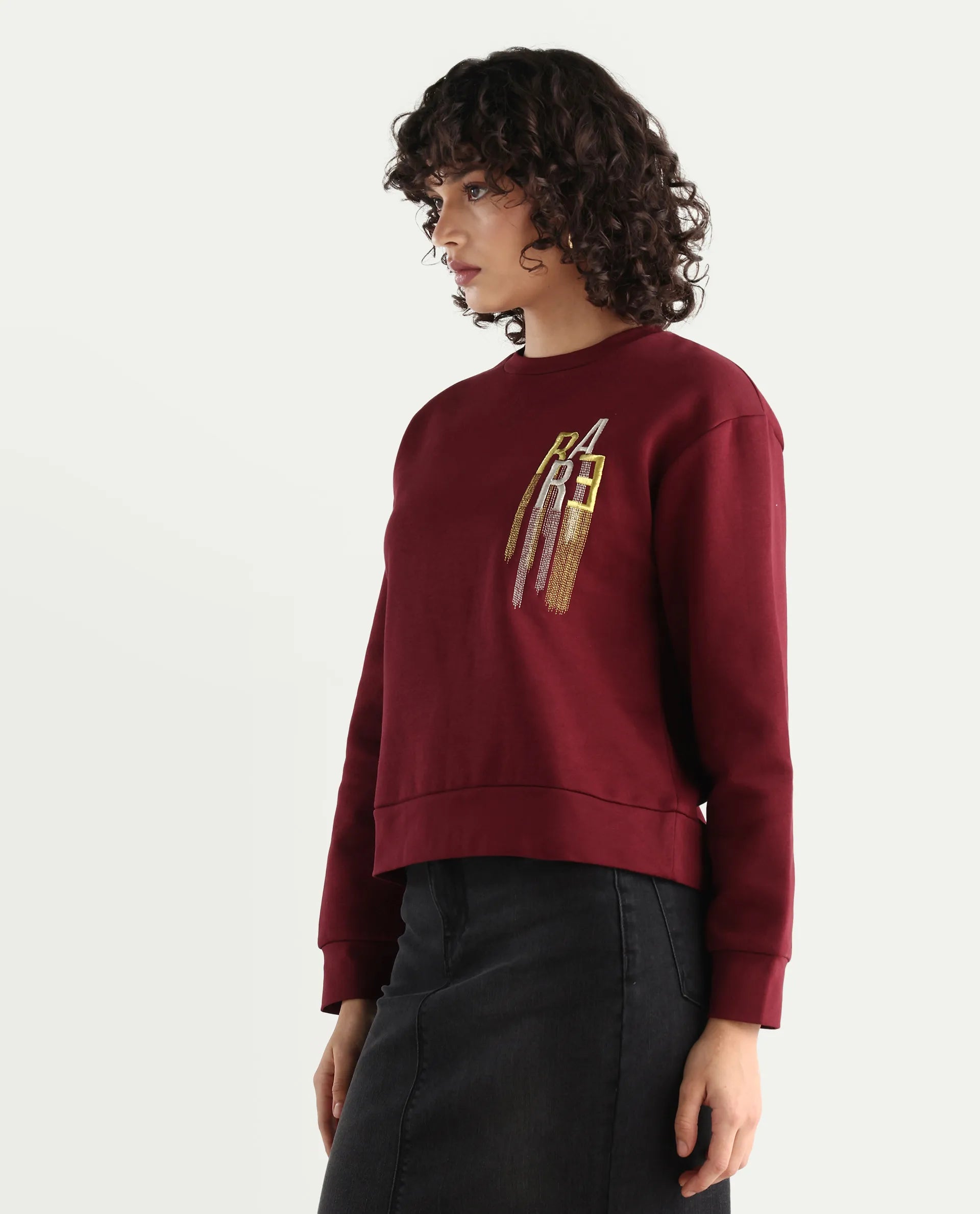 Rareism Women's Geldia Maroon Cotton Blend Crew Neck Graphic Print Relaxed Fit Sweatshirt