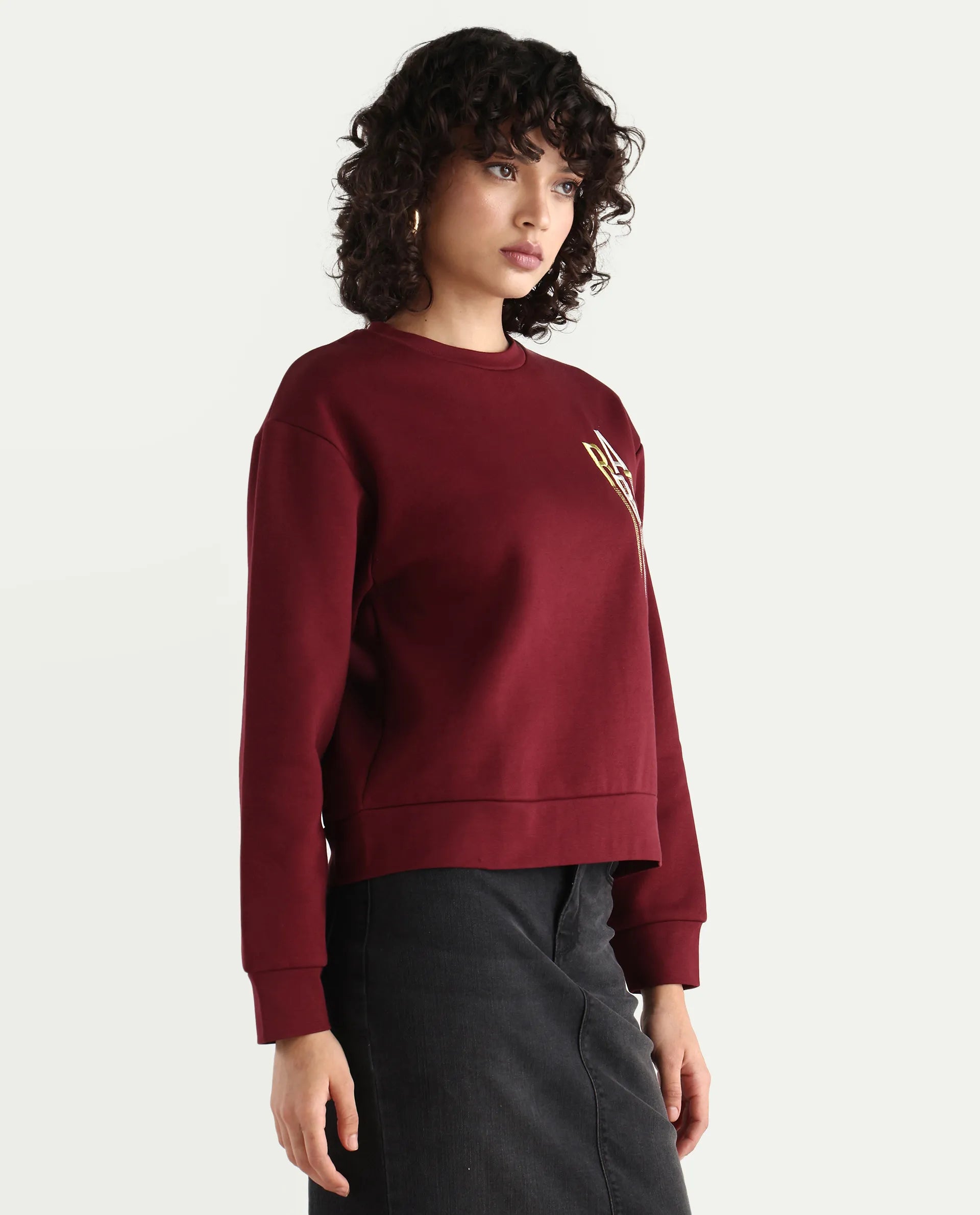 Rareism Women's Geldia Maroon Cotton Blend Crew Neck Graphic Print Relaxed Fit Sweatshirt