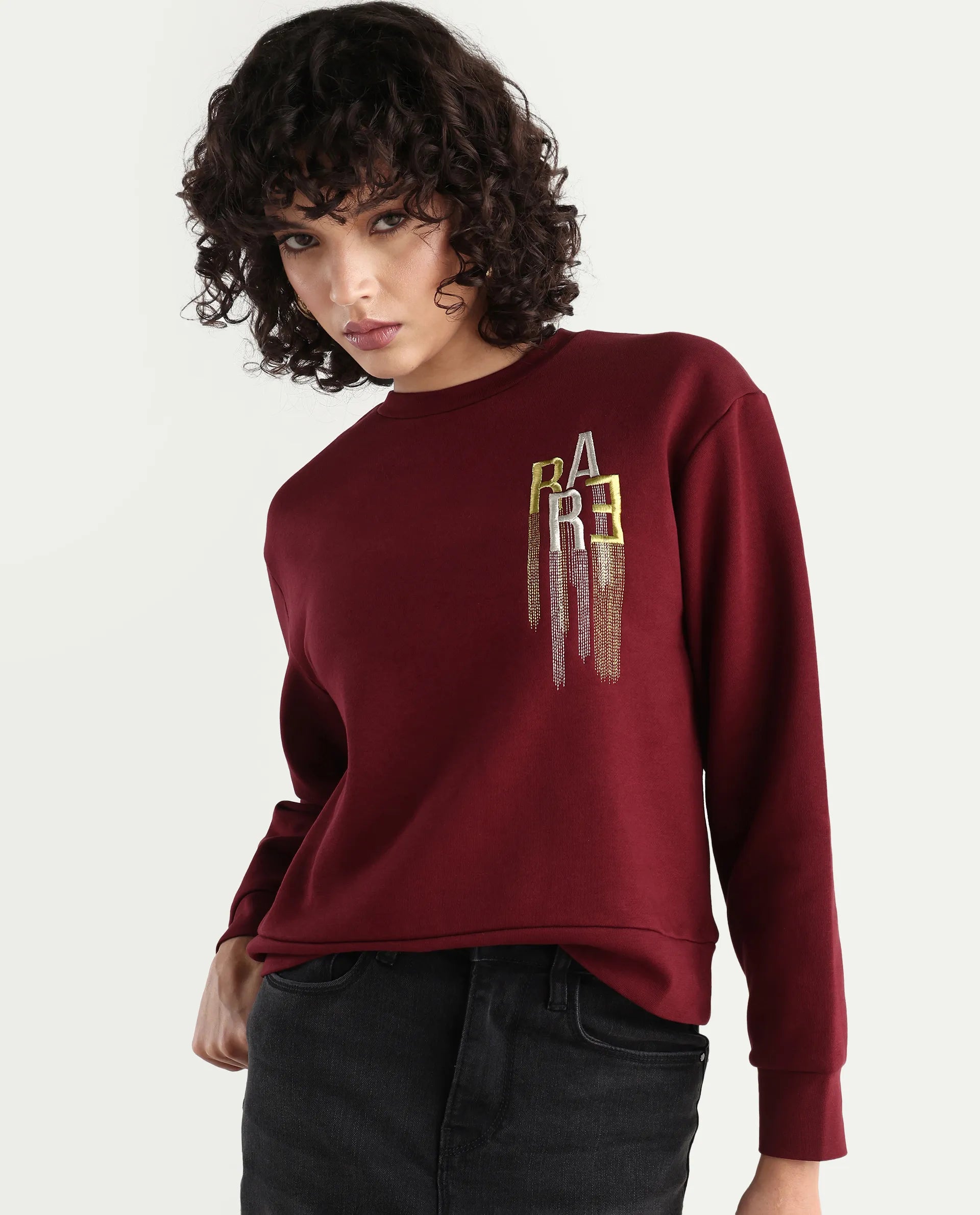 Rareism Women's Geldia Maroon Cotton Blend Crew Neck Graphic Print Relaxed Fit Sweatshirt