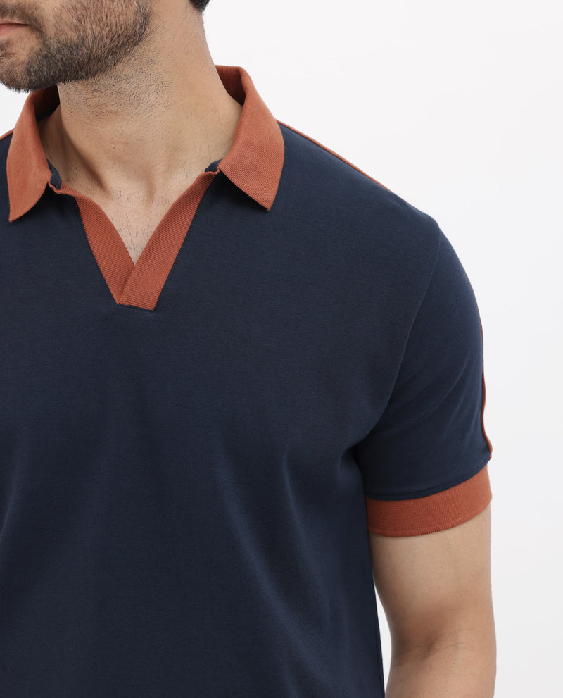 Rare Rabbit Mens Geller Navy Cotton Fabric Short Sleeves Regular Fit Solid Polo T-Shirt