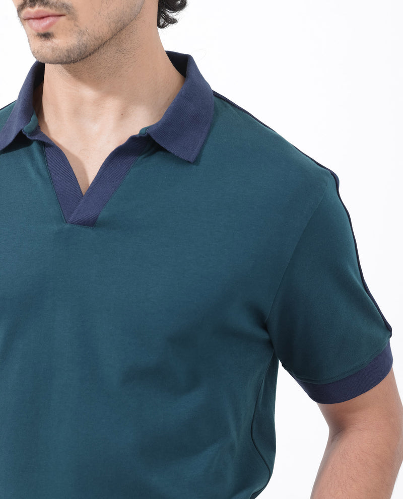 Rare Rabbit Mens Geller Petrol Short Sleeve Contrast Collar with Tape Detail Solid Polo