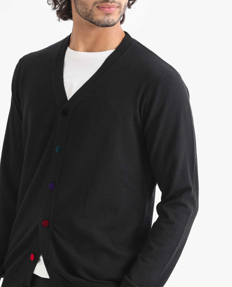 Rare Rabbit Men'S Gem Black Sweater Button Closure Solid Pattern