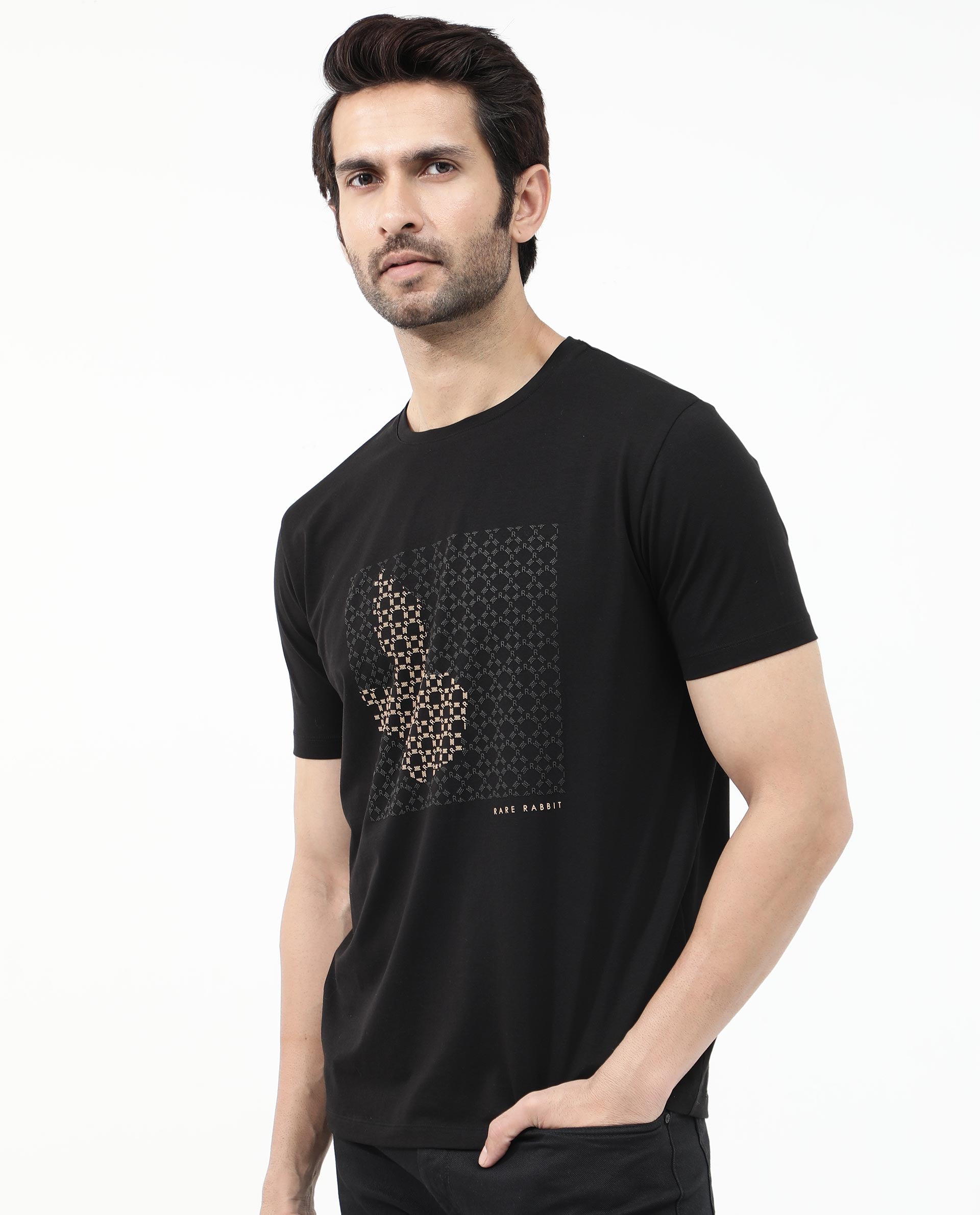 Rare Rabbit Articale Mens Gene Black Cotton Polyester Fabric Short Sleeve Crew Neck Regular Fit Graphic Printed Monogram Logo T-Shirt