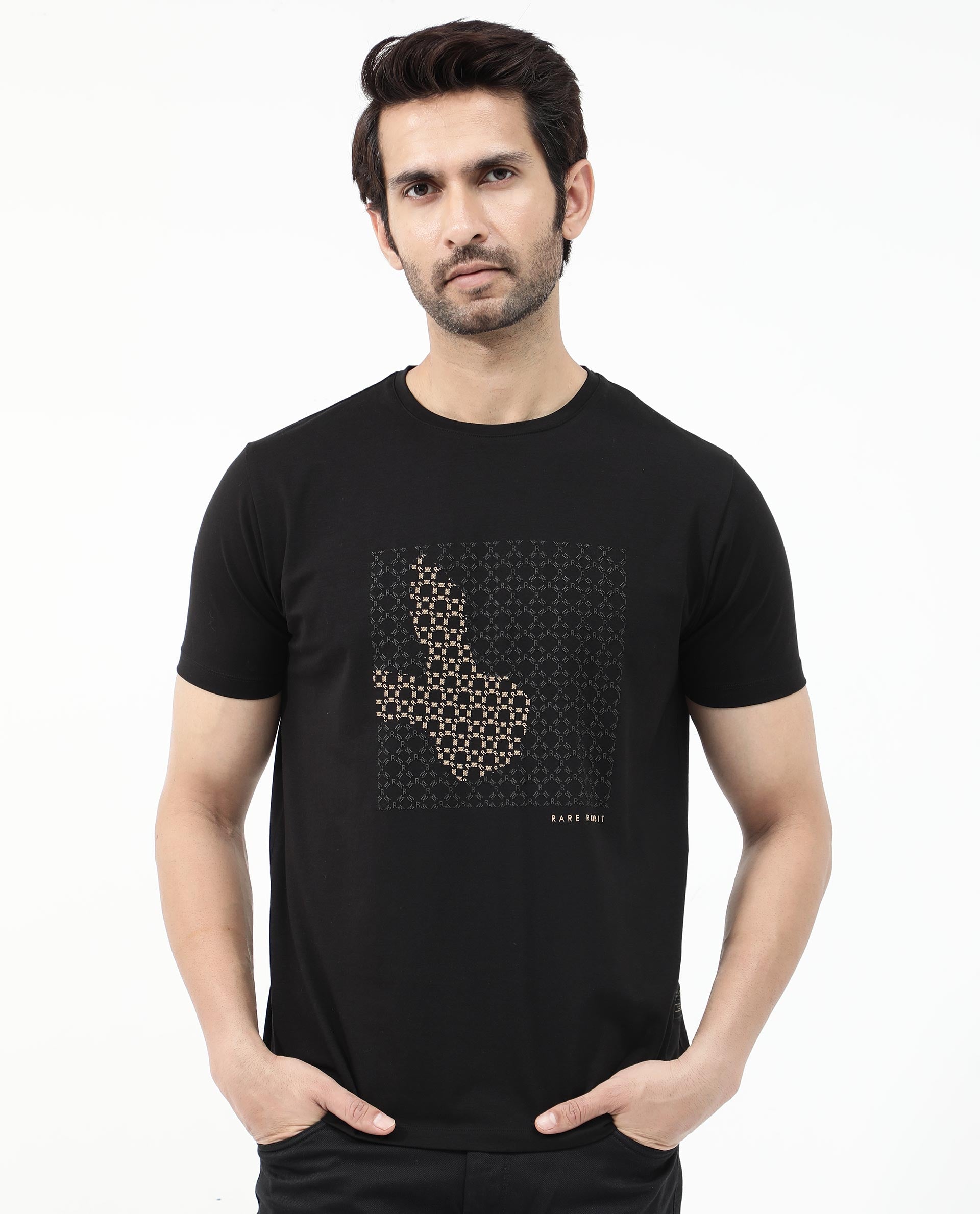 Rare Rabbit Articale Mens Gene Black Cotton Polyester Fabric Short Sleeve Crew Neck Regular Fit Graphic Printed Monogram Logo T-Shirt