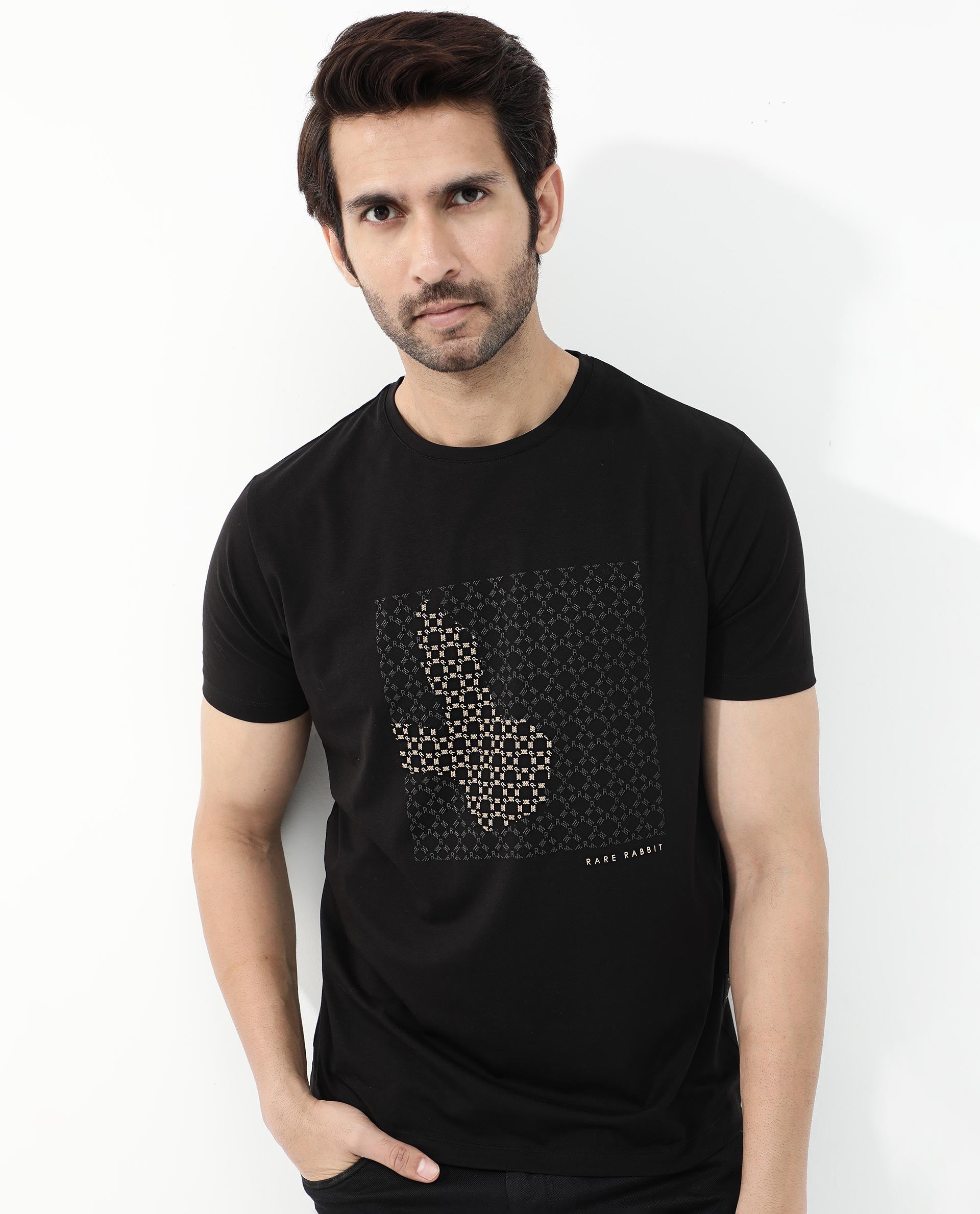 Rare Rabbit Articale Mens Gene Black Cotton Polyester Fabric Short Sleeve Crew Neck Regular Fit Graphic Printed Monogram Logo T-Shirt