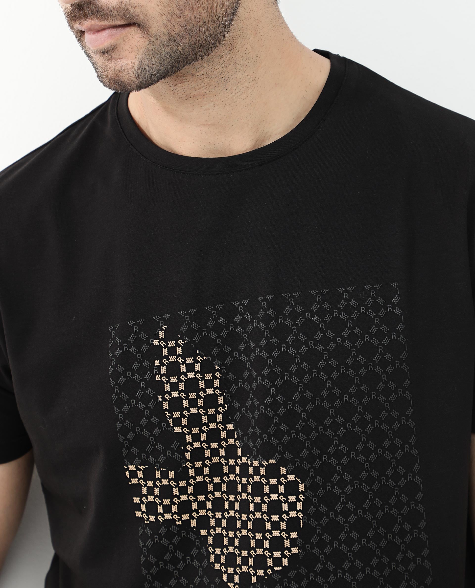 Rare Rabbit Articale Mens Gene Black Cotton Polyester Fabric Short Sleeve Crew Neck Regular Fit Graphic Printed Monogram Logo T-Shirt