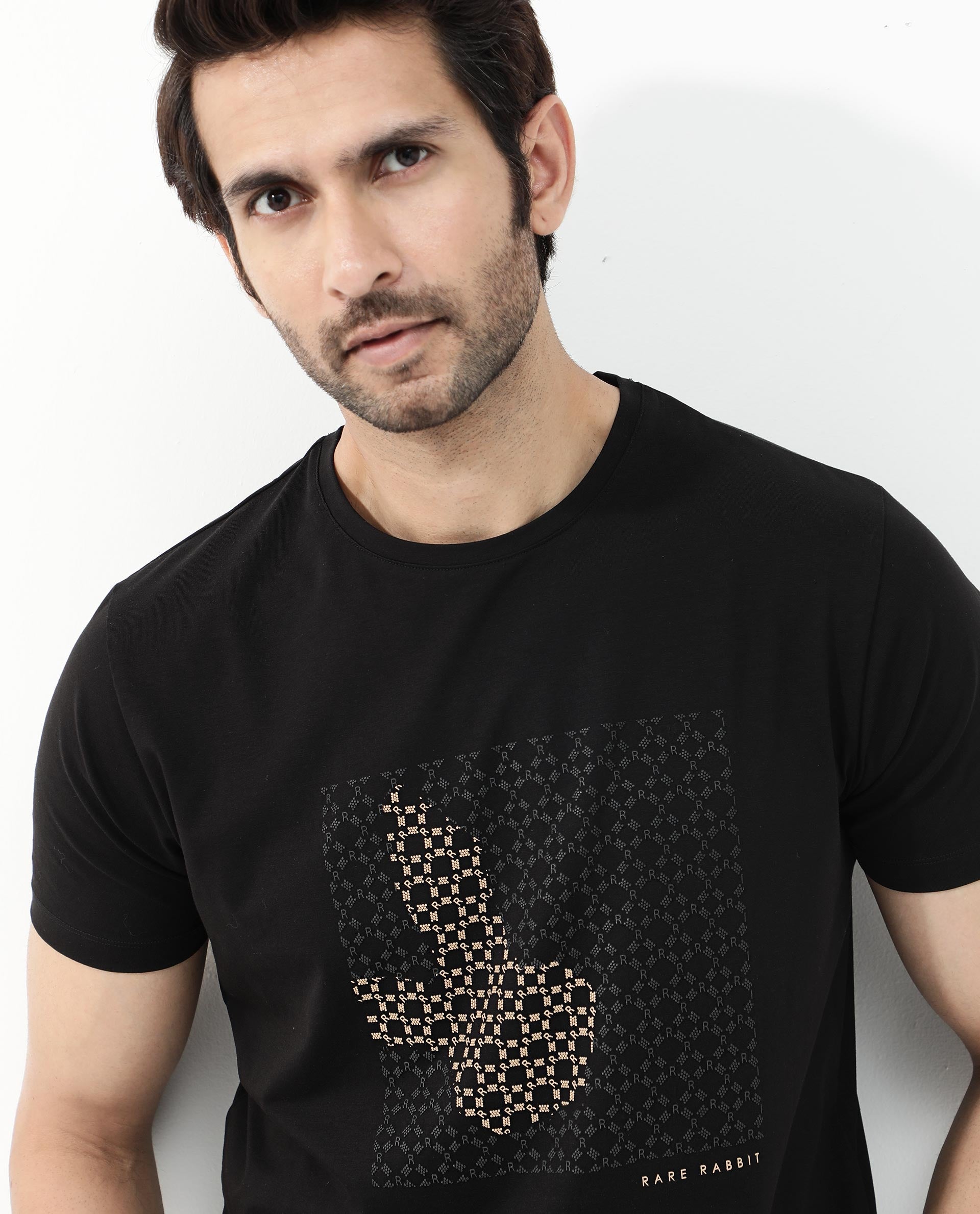 Rare Rabbit Articale Mens Gene Black Cotton Polyester Fabric Short Sleeve Crew Neck Regular Fit Graphic Printed Monogram Logo T-Shirt