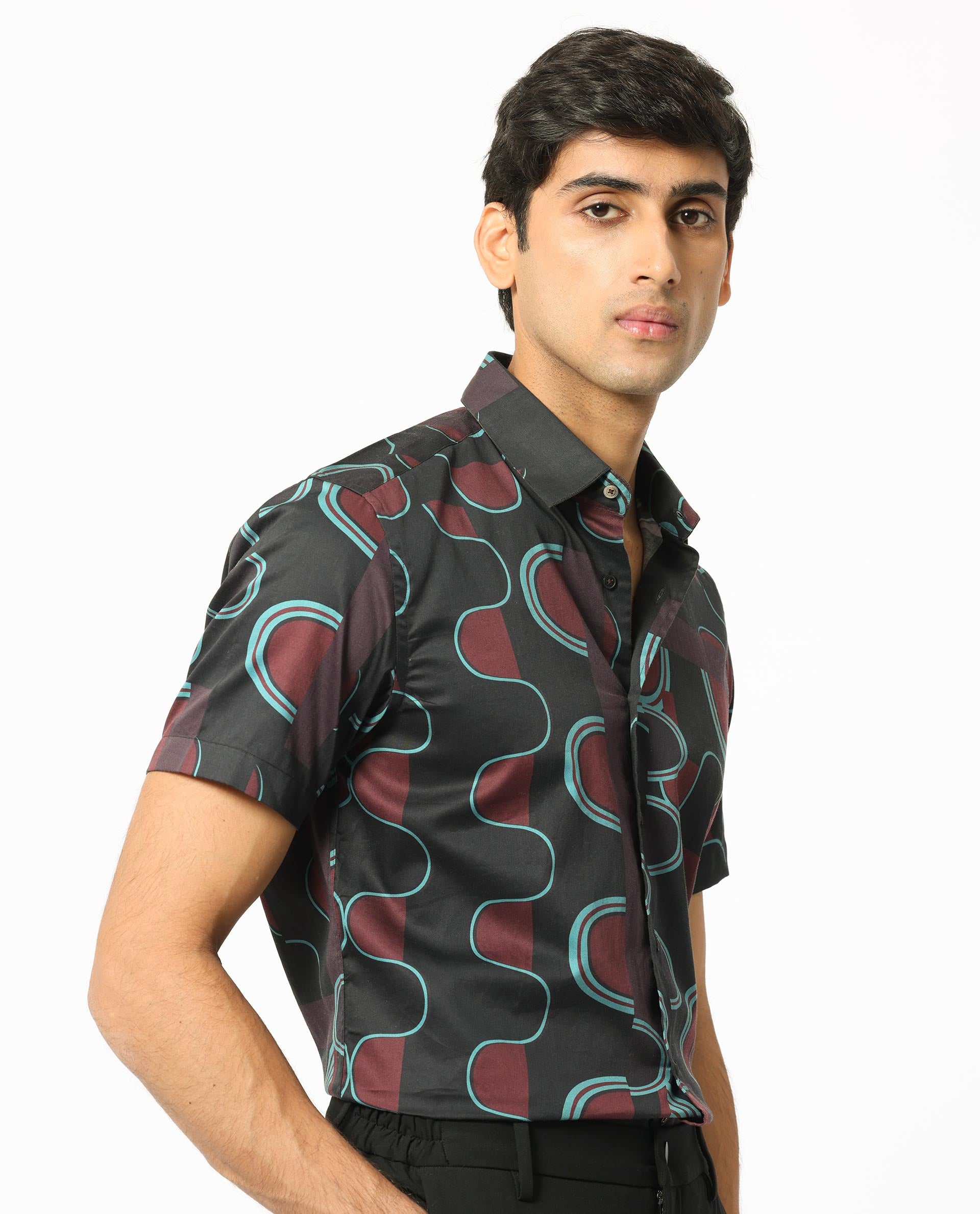 Rare Rabbit Men's Geos Brown Modal Fabric Regular Fit Geometric Print Half Sleeves Shirt