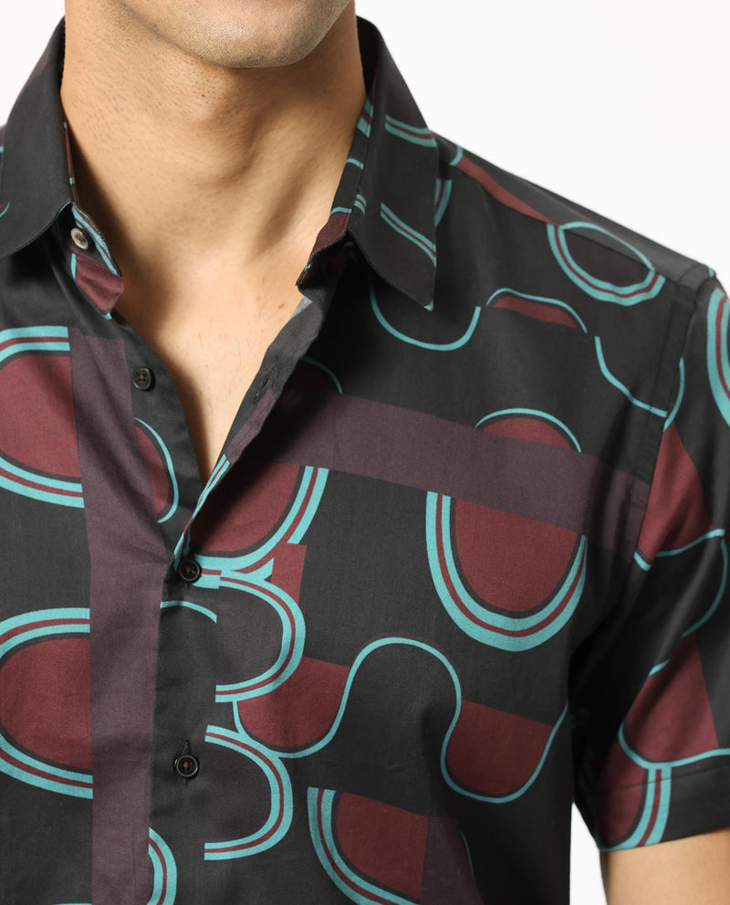 Rare Rabbit Men's Geos Brown Modal Fabric Geometric Print Half Sleeves Shirt