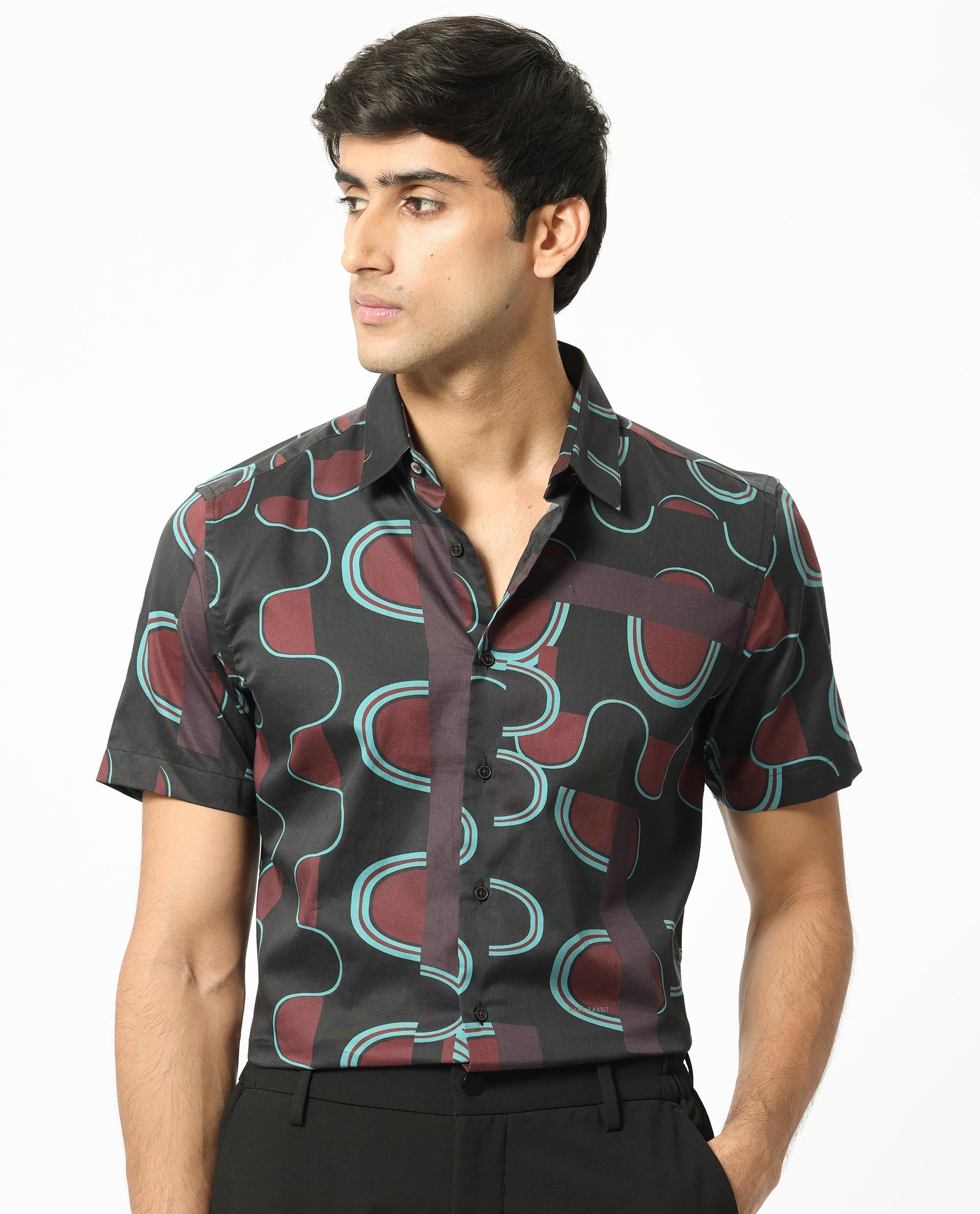 Rare Rabbit Men's Geos Brown Modal Fabric Regular Fit Geometric Print Half Sleeves Shirt