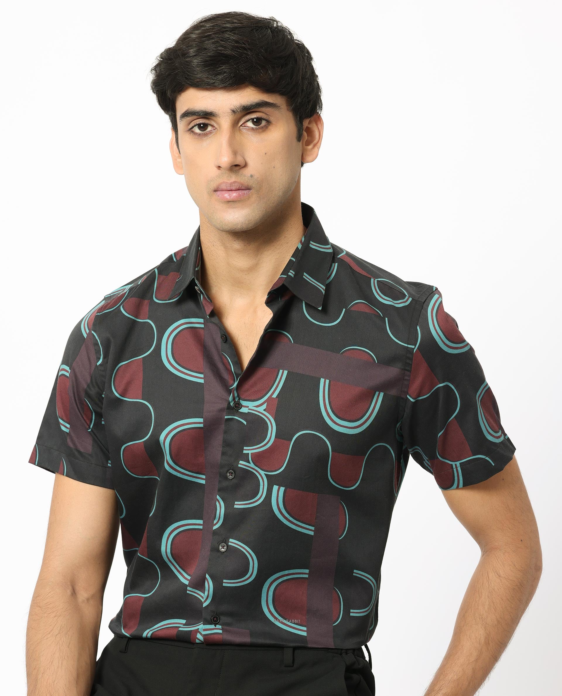 Rare Rabbit Men's Geos Brown Modal Fabric Regular Fit Geometric Print Half Sleeves Shirt