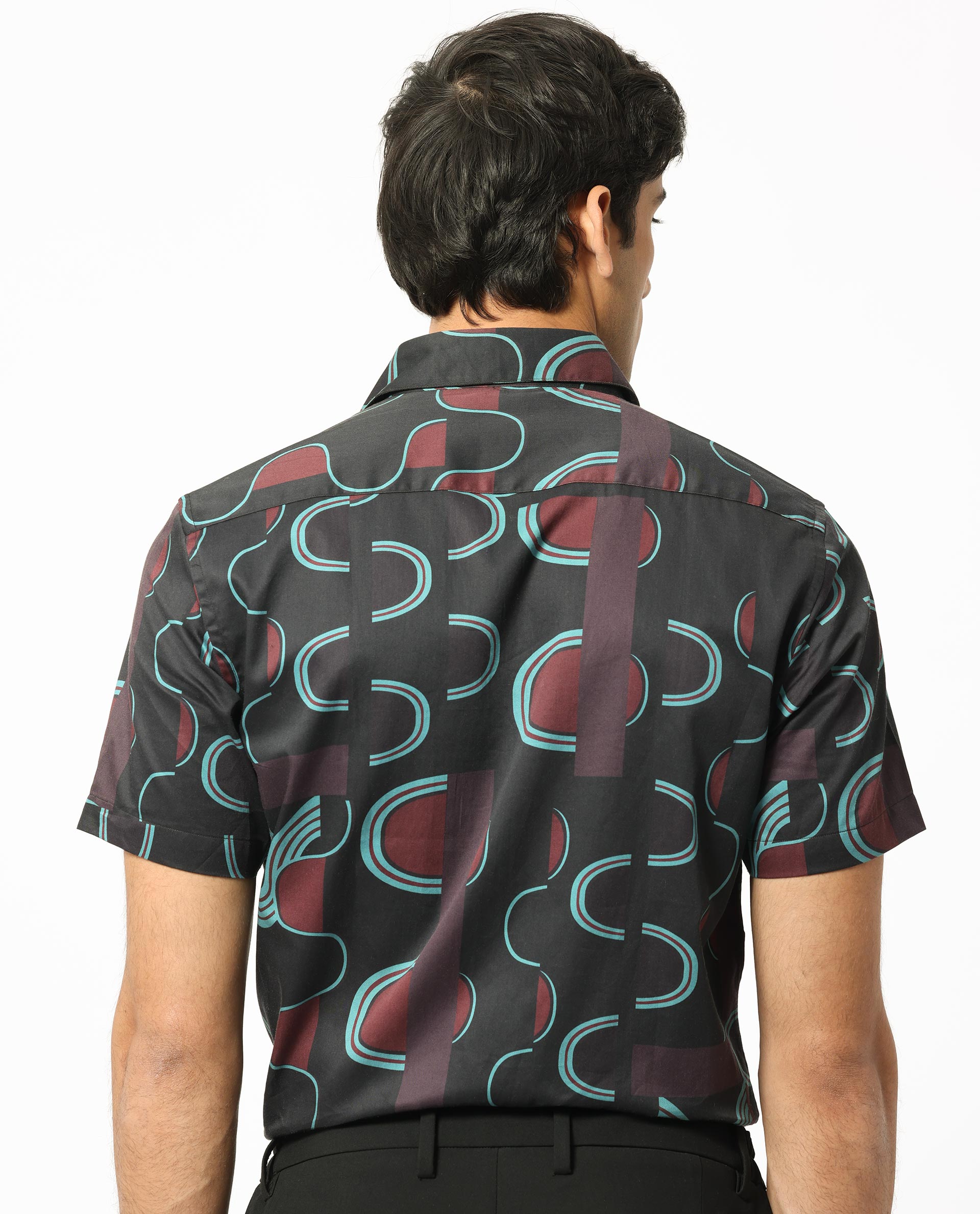 Rare Rabbit Men's Geos Brown Modal Fabric Regular Fit Geometric Print Half Sleeves Shirt