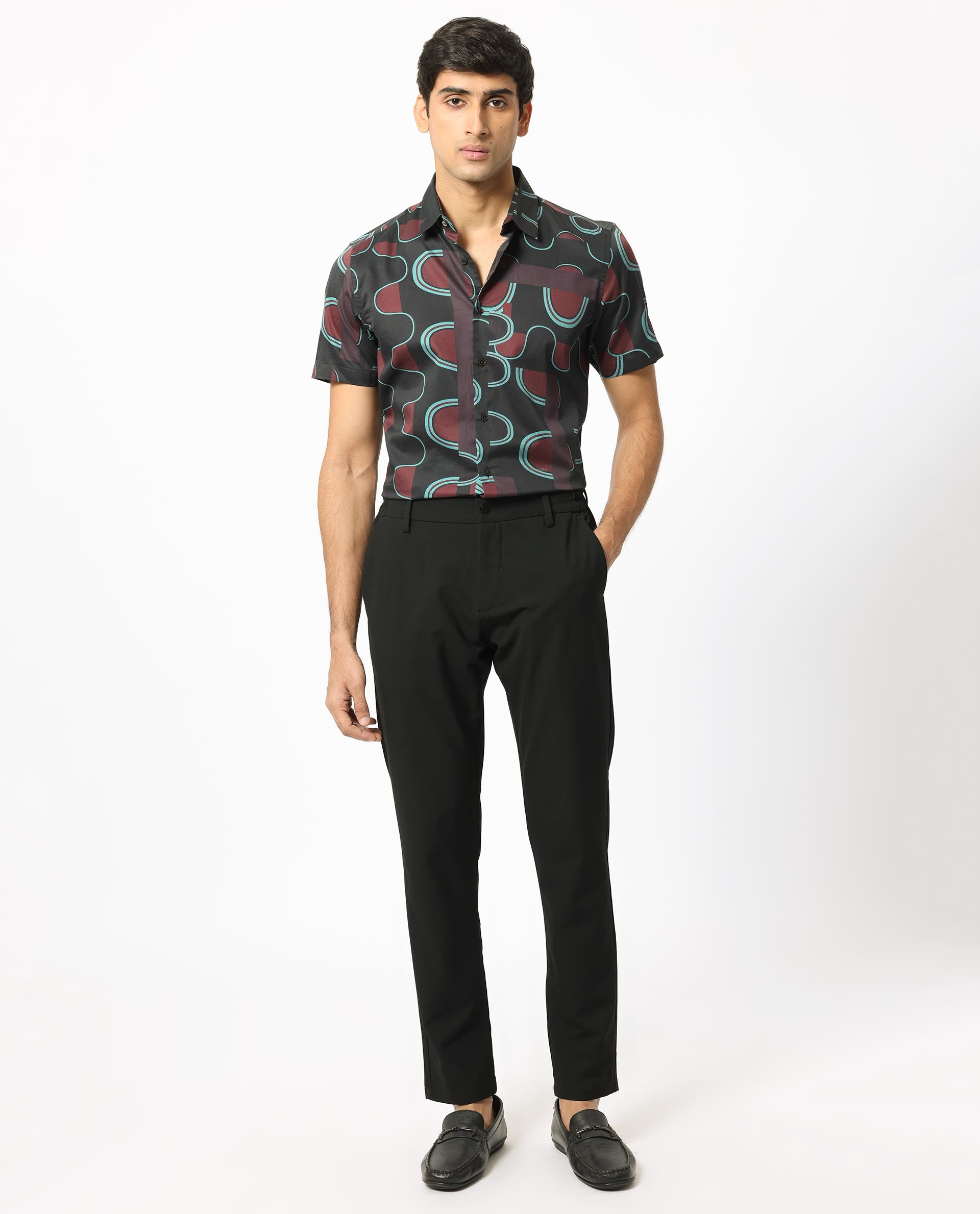 Rare Rabbit Men's Geos Brown Modal Fabric Regular Fit Geometric Print Half Sleeves Shirt