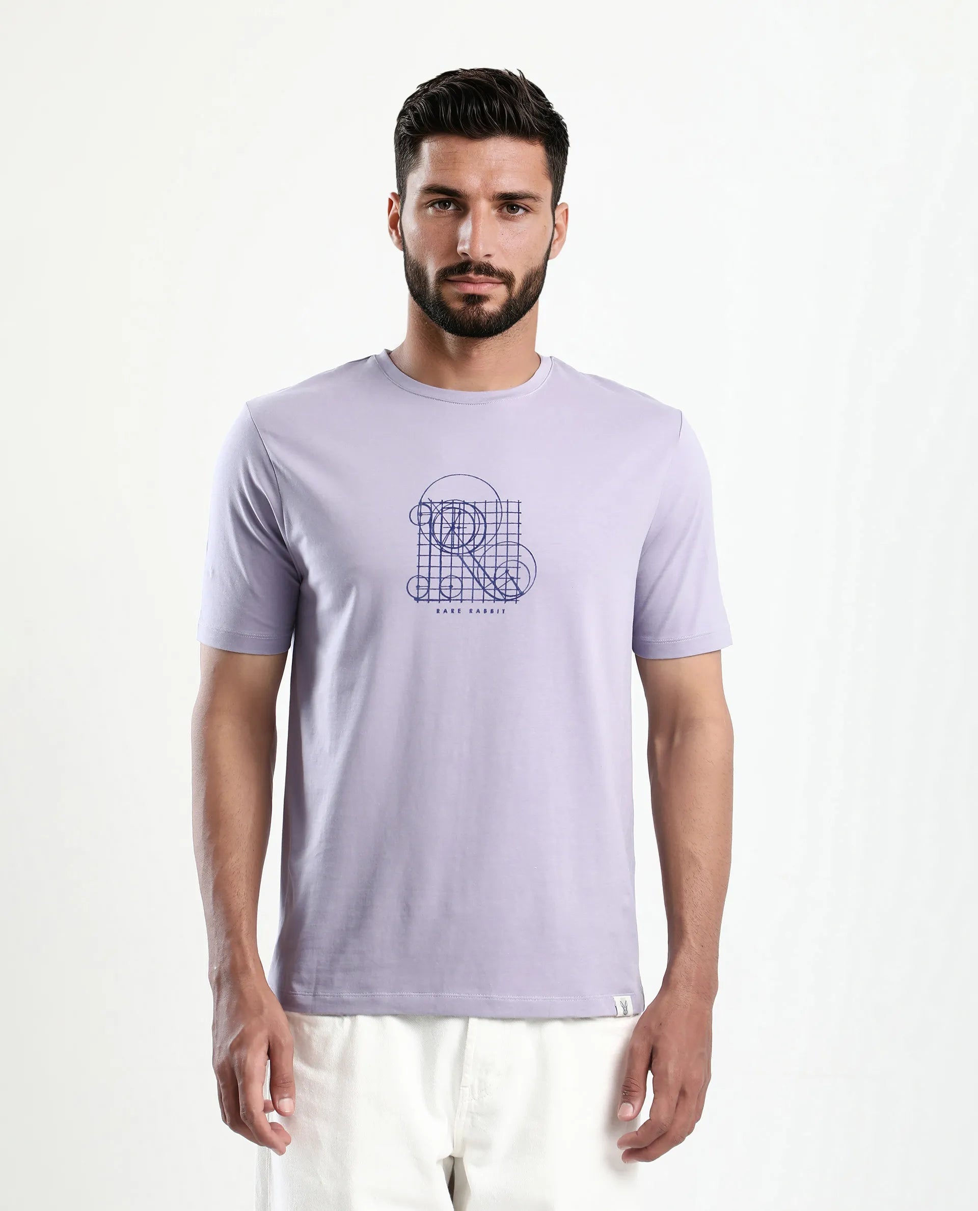 Rare Rabbit Men's Geom Dusky Purple Cotton Blend Graphic Print Regular Fit Half Sleeve Crew Neck T-Shirt