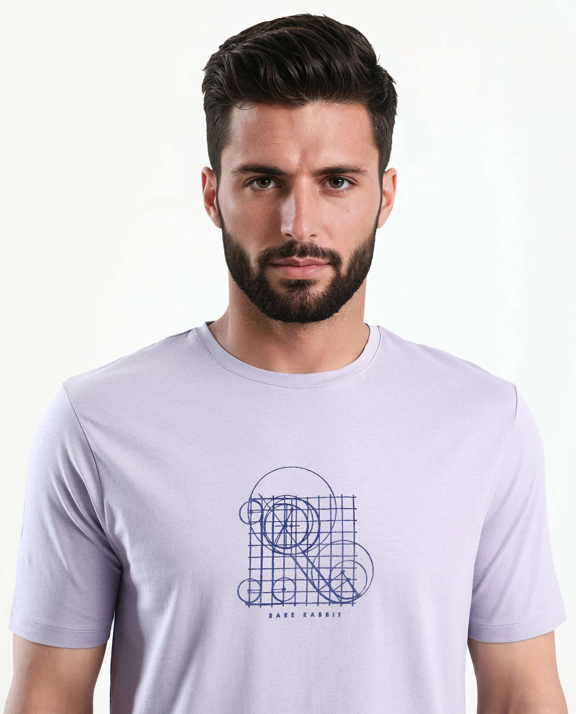 Rare Rabbit Men's Geom Dusky Purple Cotton Blend Graphic Print Regular Fit Half Sleeve Crew Neck T-Shirt