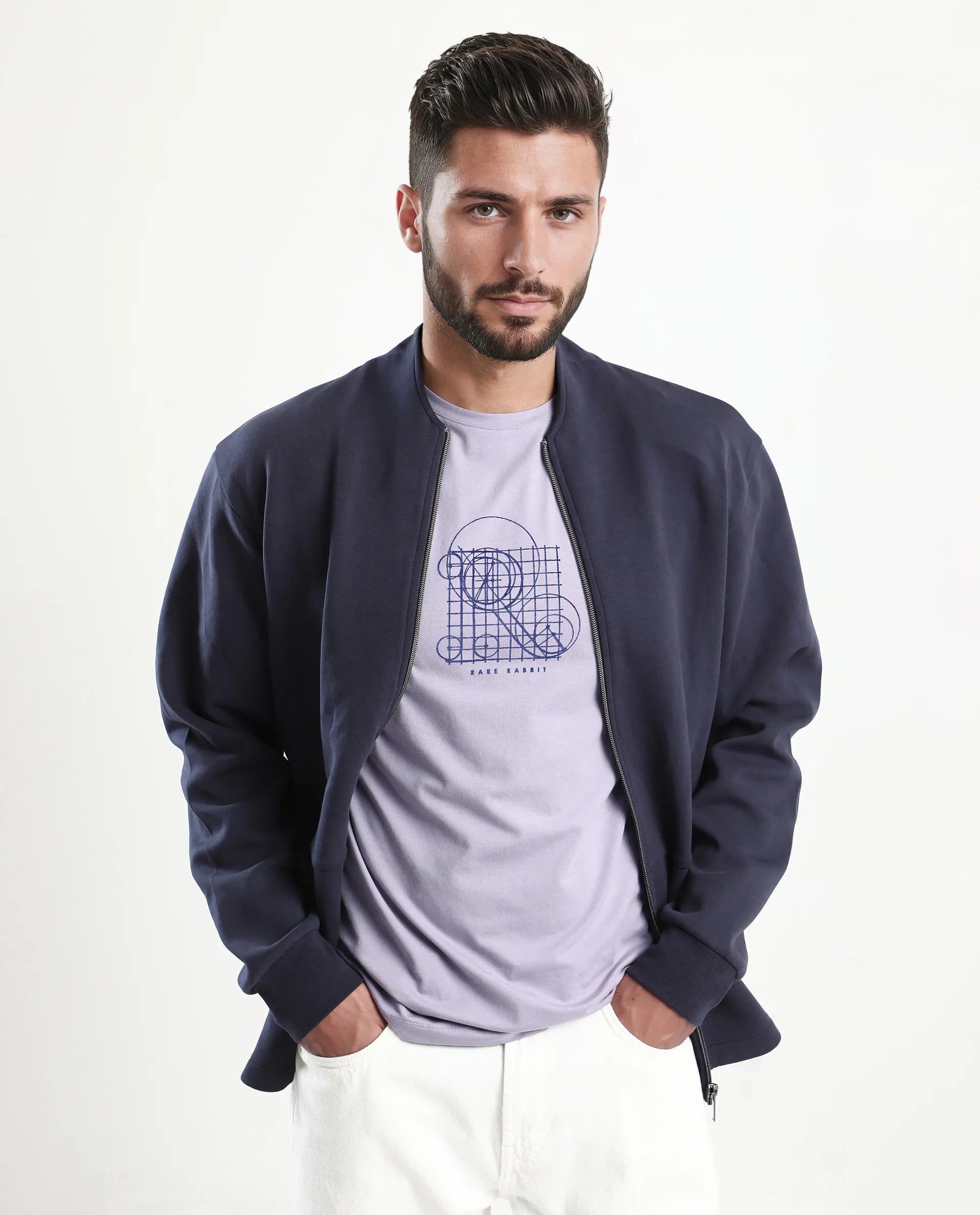 Rare Rabbit Men's Geom Dusky Purple Cotton Blend Graphic Print Regular Fit Half Sleeve Crew Neck T-Shirt