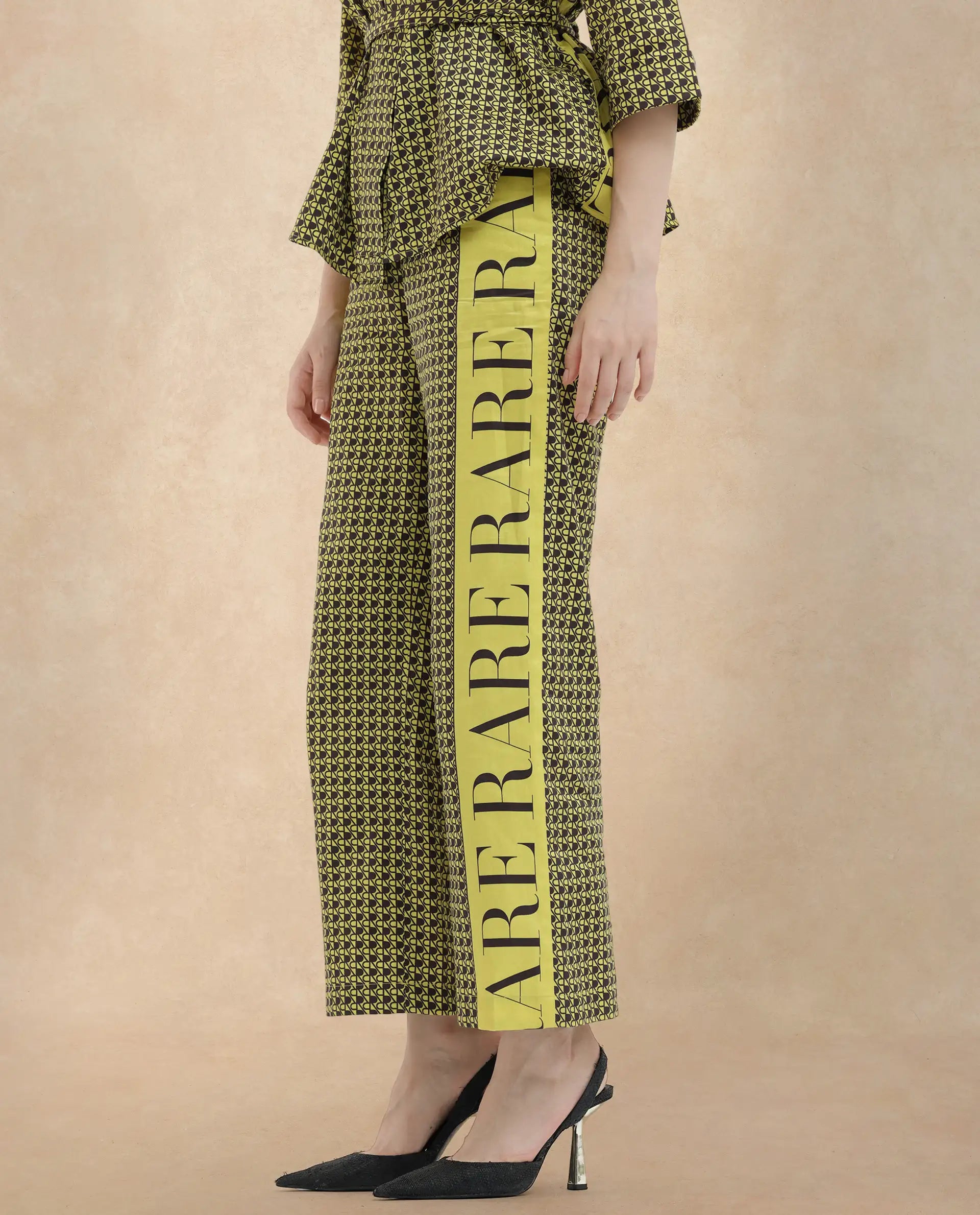 Rareism Women Geomo-B Yellow Cotton Blend Fabric Straight Fit Monogram Ankle Length Trousers