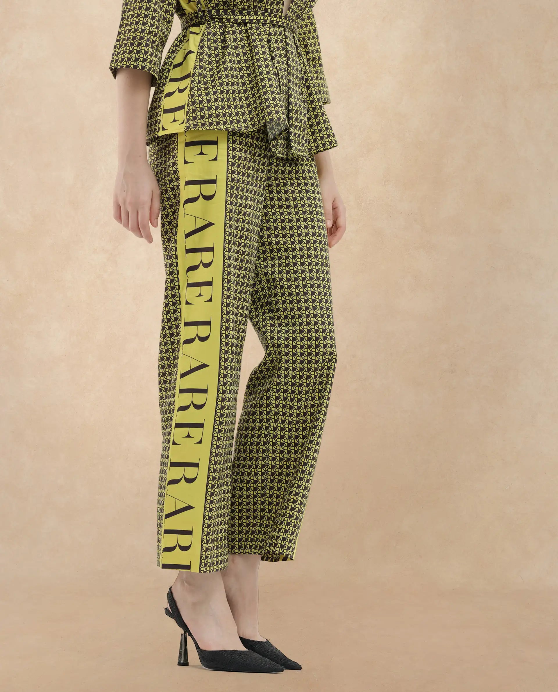 Rareism Women Geomo-B Yellow Cotton Blend Fabric Straight Fit Monogram Ankle Length Trousers