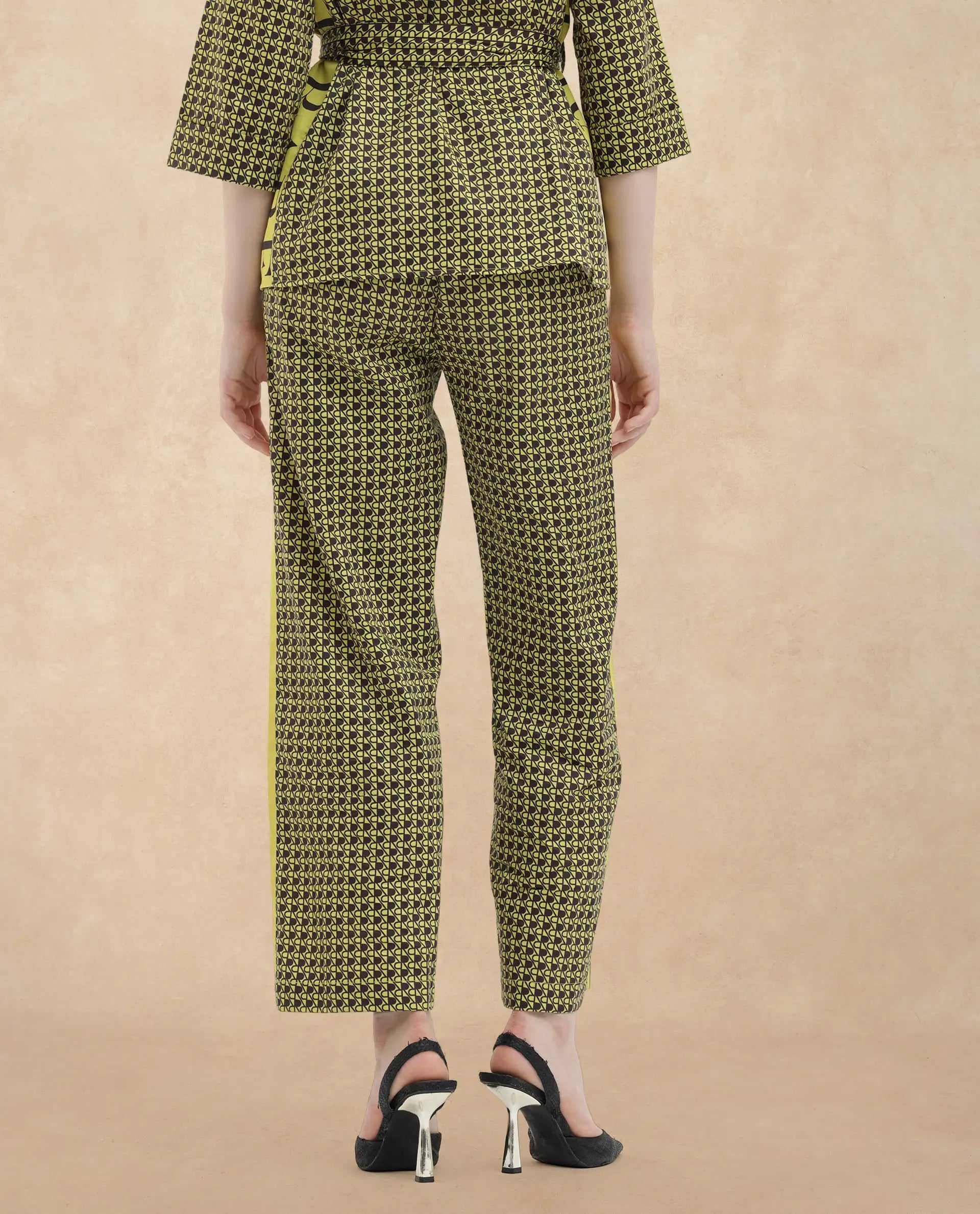 Rareism Women Geomo-B Yellow Cotton Blend Fabric Straight Fit Monogram Ankle Length Trousers