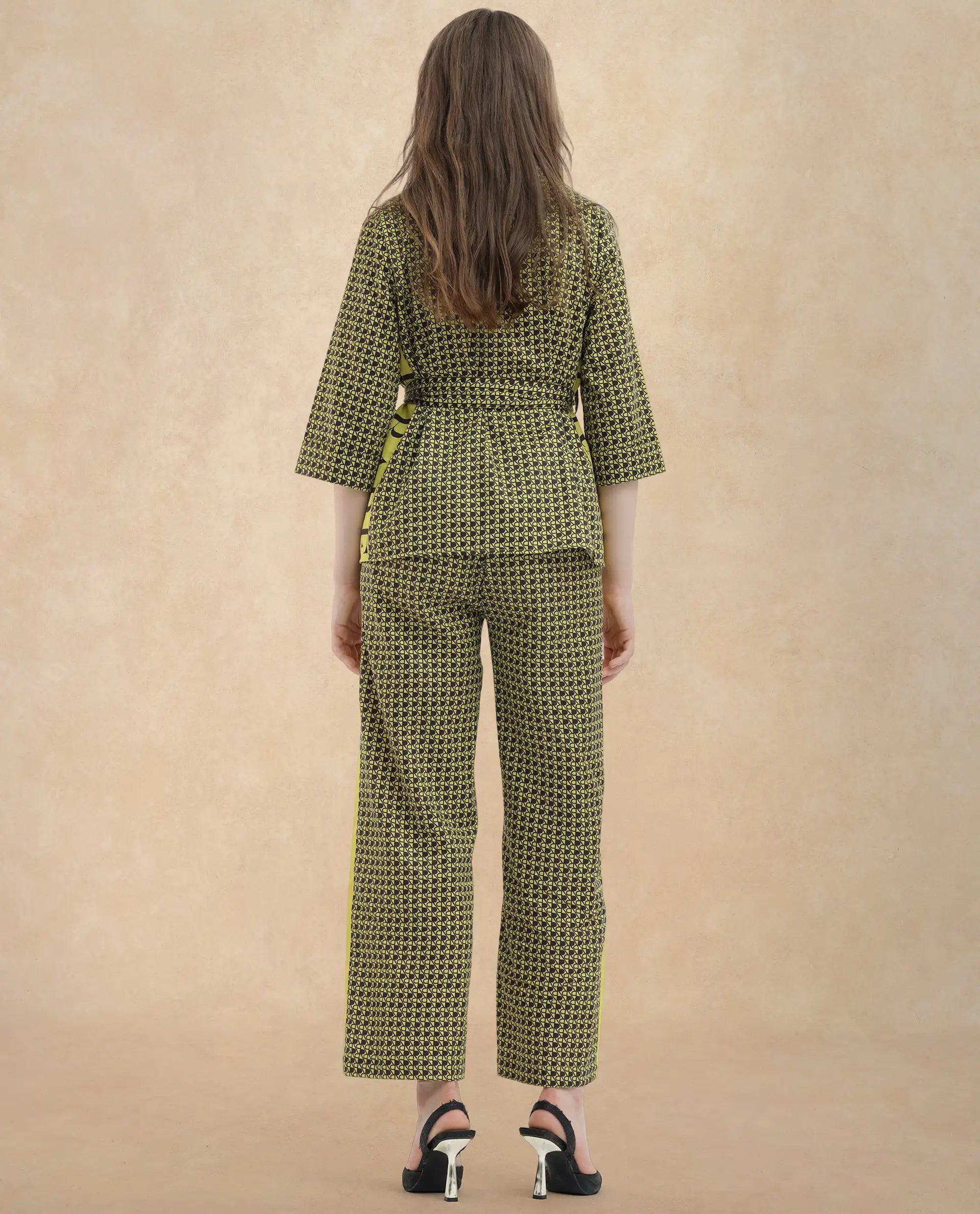 Rareism Women Geomo-B Yellow Cotton Blend Fabric Straight Fit Monogram Ankle Length Trousers