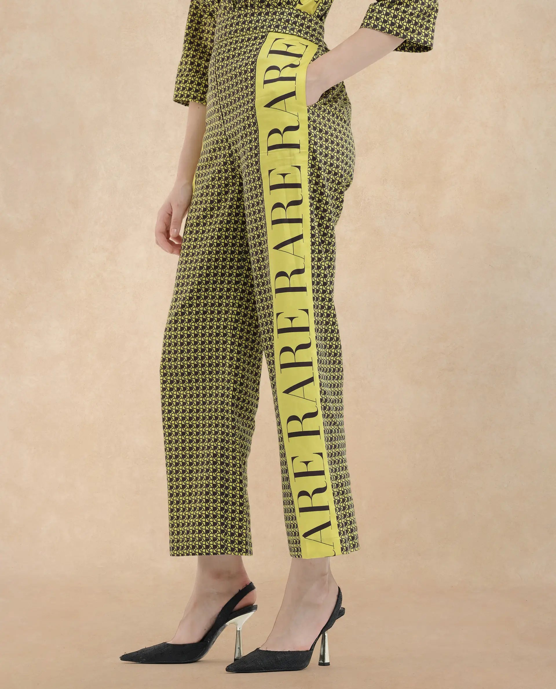 Rareism Women Geomo-B Yellow Cotton Blend Fabric Straight Fit Monogram Ankle Length Trousers