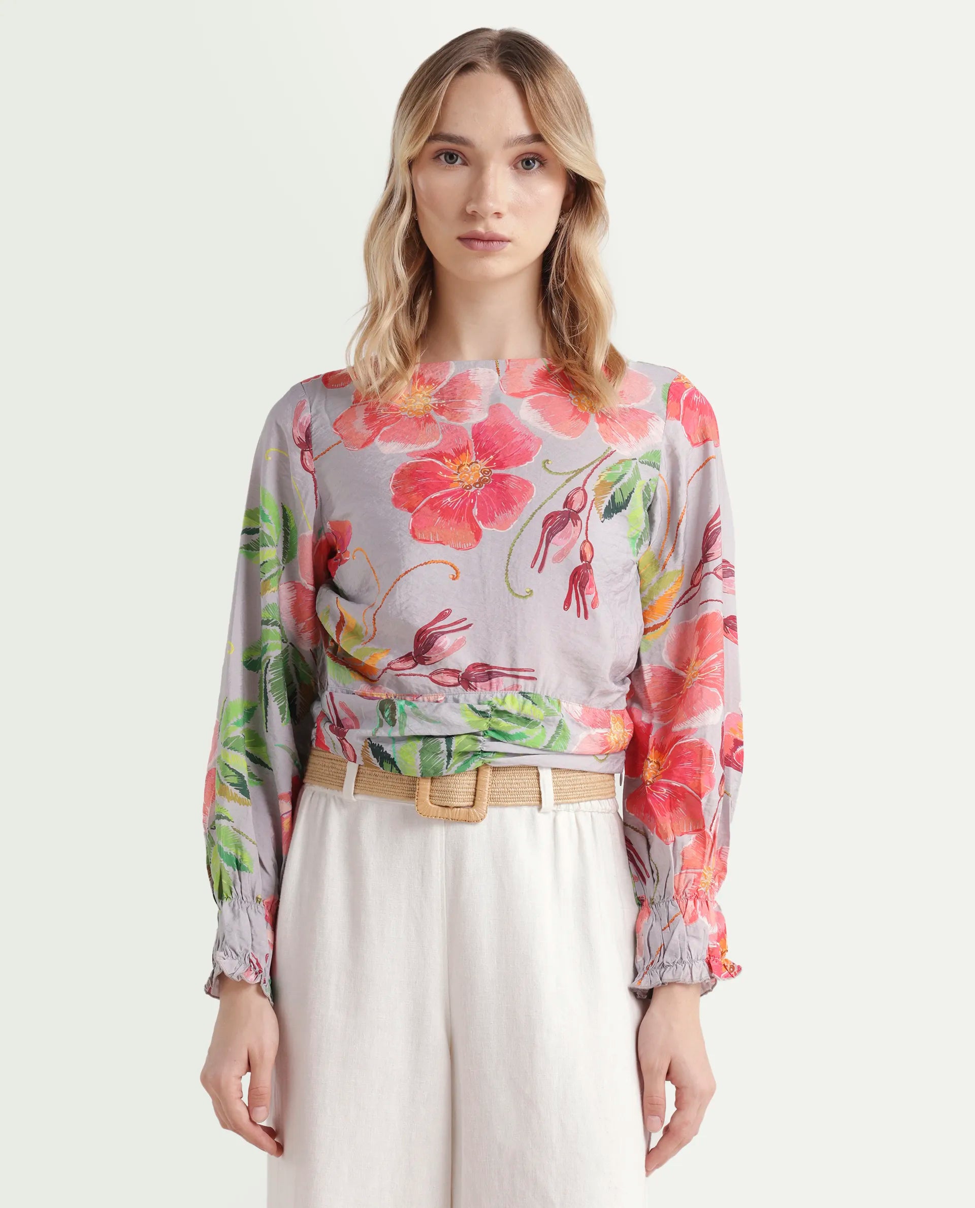 Rareism Women's Geona Multi Nylon Blend Crew Neck Floral Print Crop Regular Fit Top