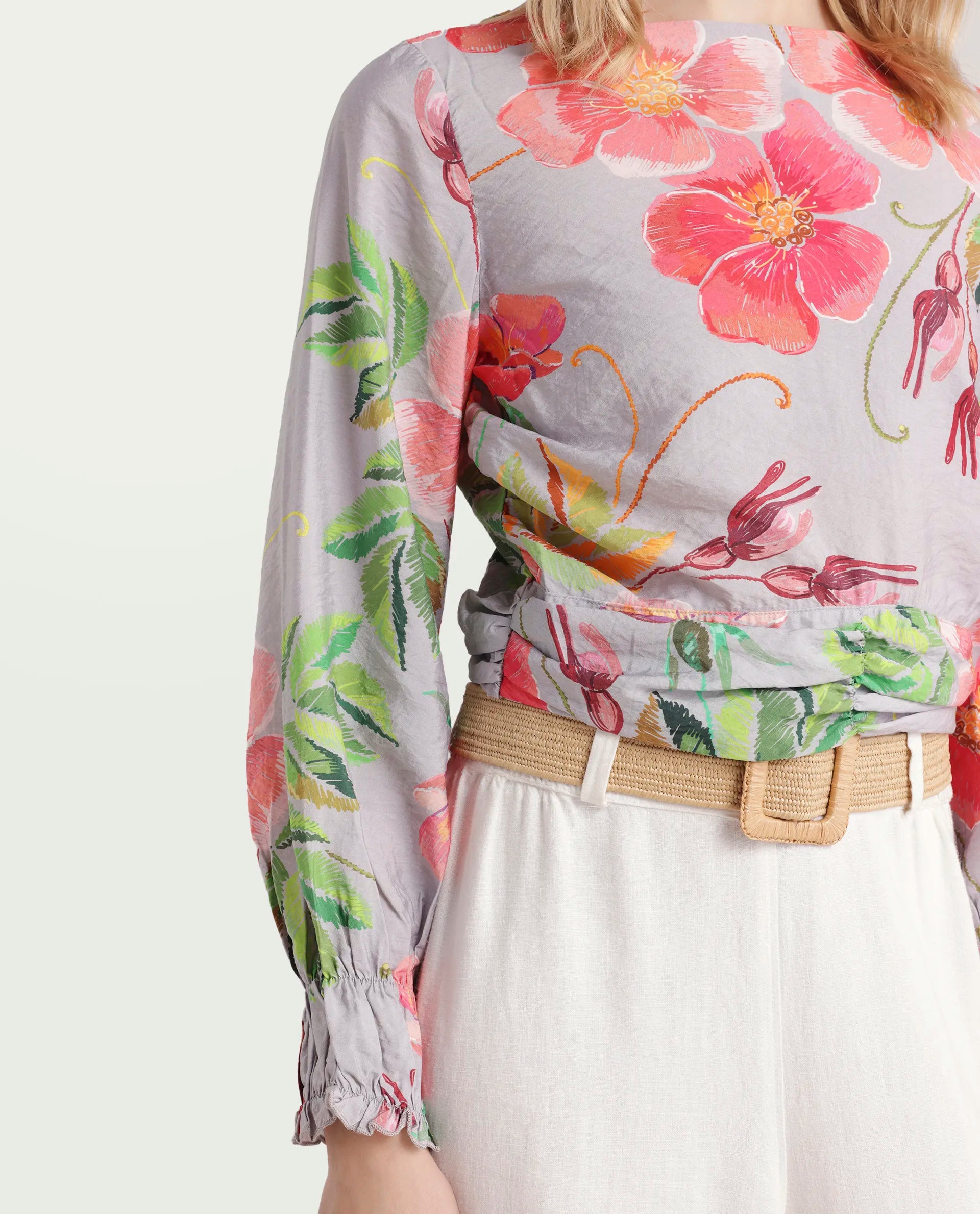 Rareism Women's Geona Multi Nylon Blend Crew Neck Floral Print Crop Regular Fit Top